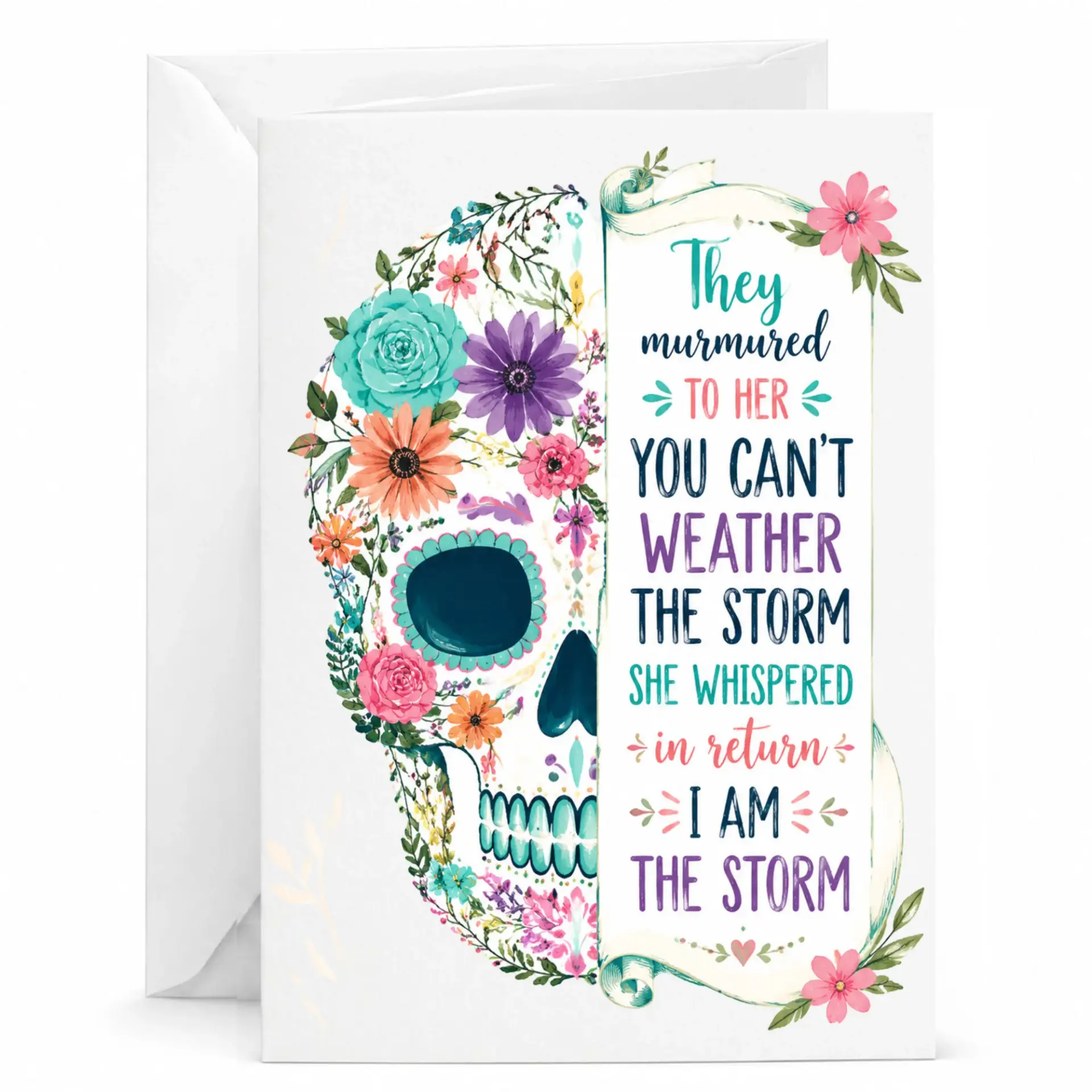 Greeting Card Inspirational Floral Skull Design Encouragement Note for Friends and Loved Ones Premium Stationery