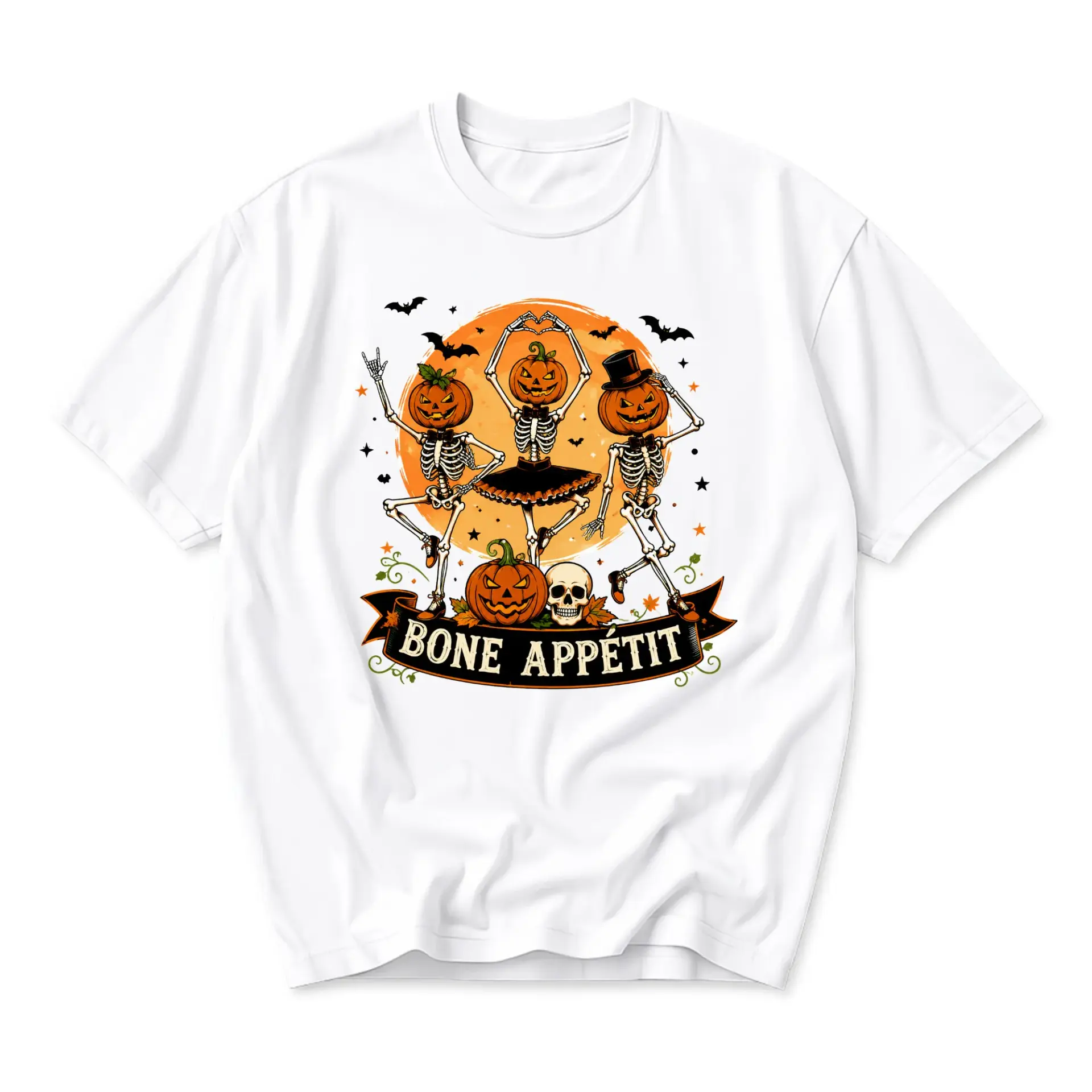 Funny Shirt Bone Appetit Halloween Graphic Tee Featuring Dancing Skeleton Pumpkins on a White Unisex Crew Neck Top