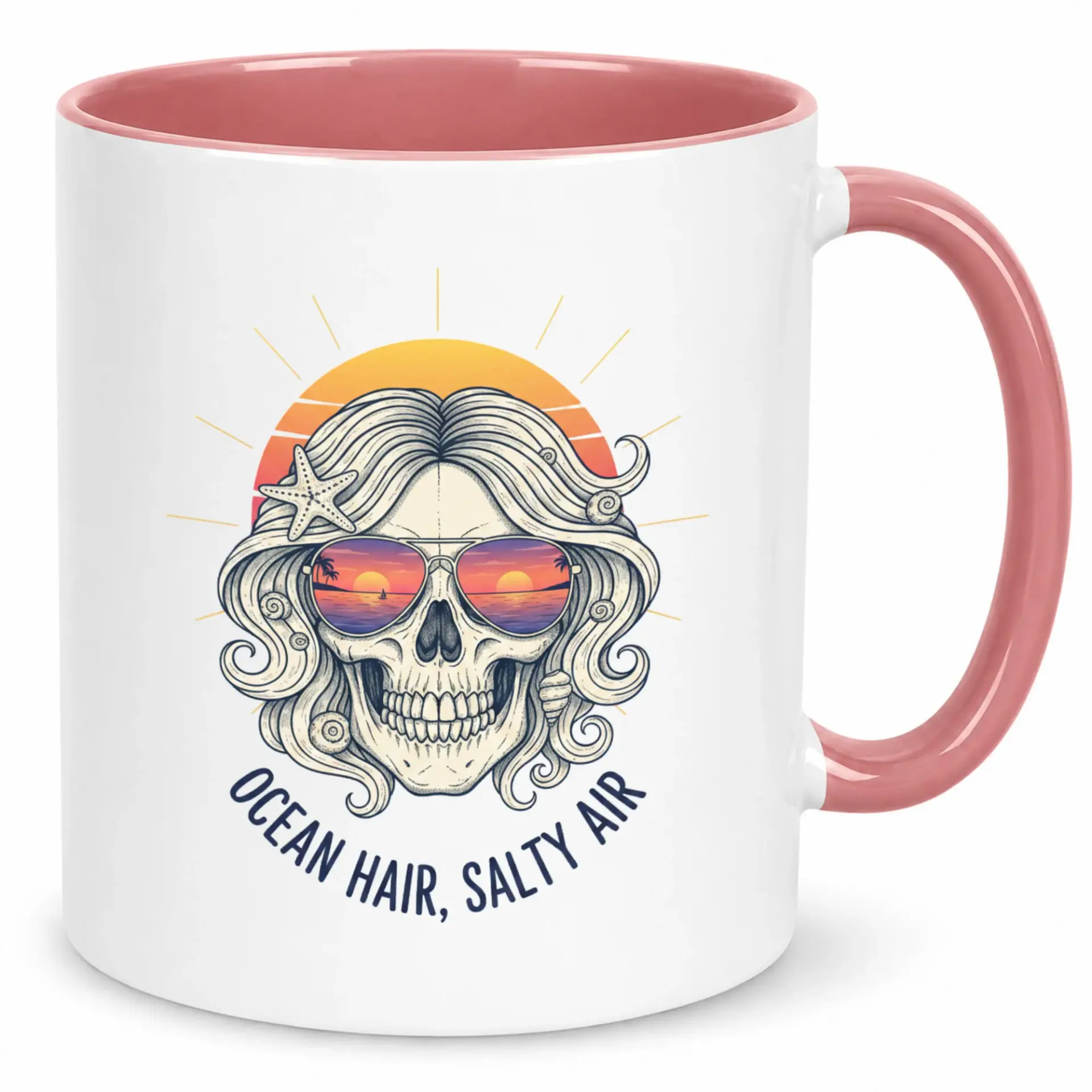 Funny Beach Skull Coffee Mug with Ocean Hair Salty Air Design Ceramic Drinkware for Lovers & Vacation Enthusiasts Unique Gift