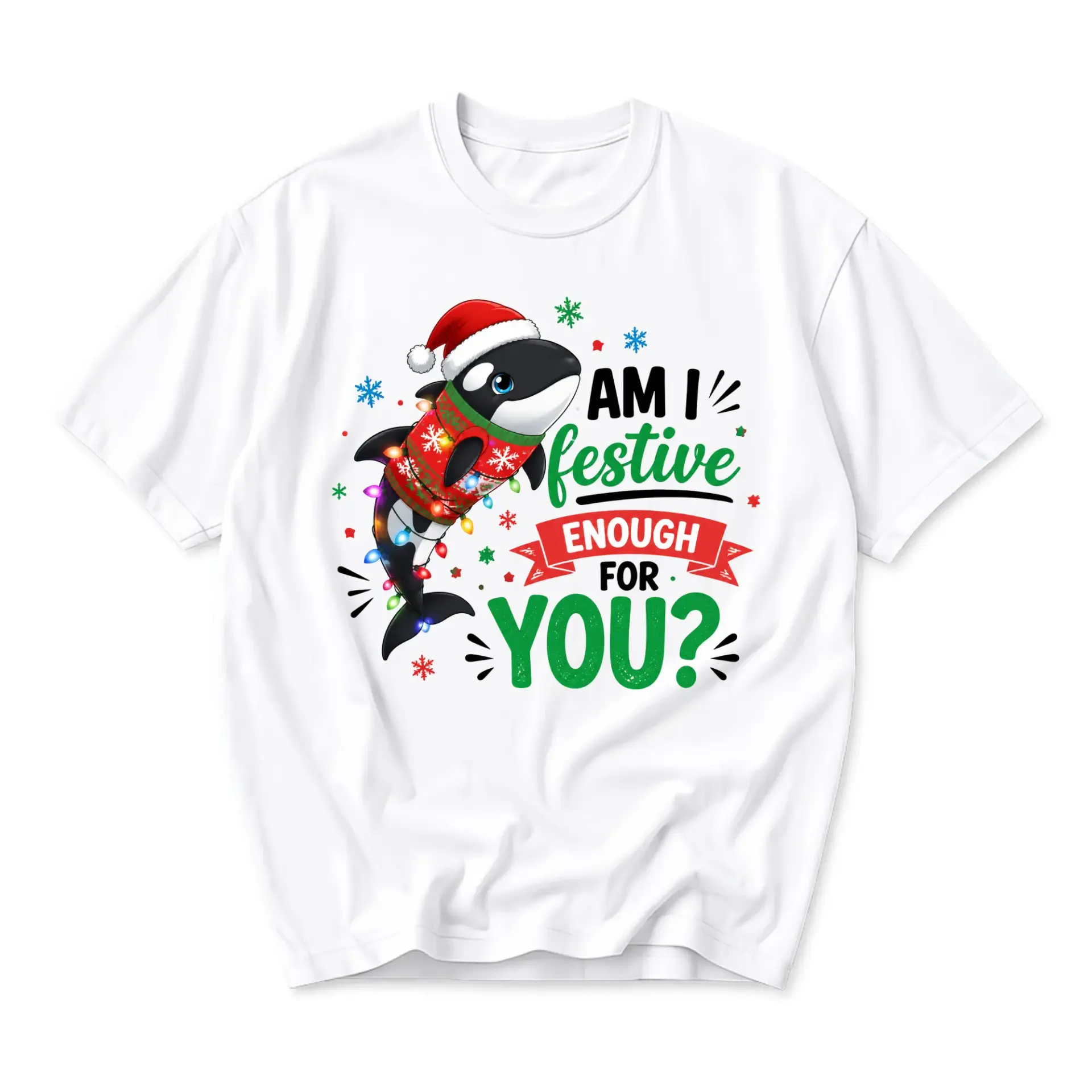 Funny Shirt Unisex Graphic Printed T-Shirt Featuring a Festive Killer Whale Wearing a Santa Hat and Christmas Lights