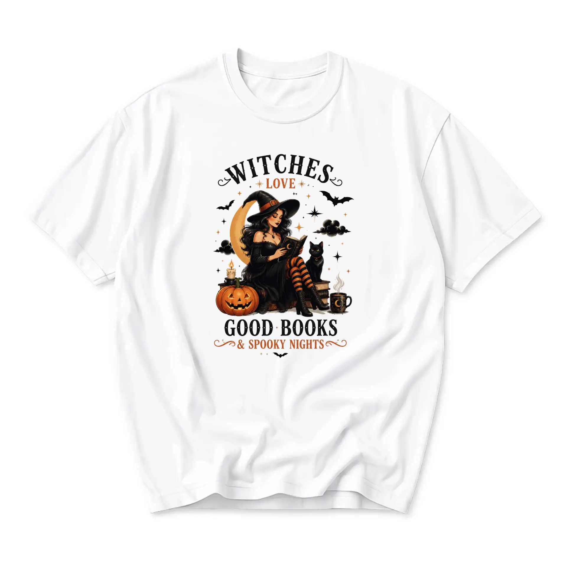 Graphic Tee Witches Love Good Books and Spooky Nights Print Unisex Crew Neck Casual Everyday Short Sleeve T-Shirt