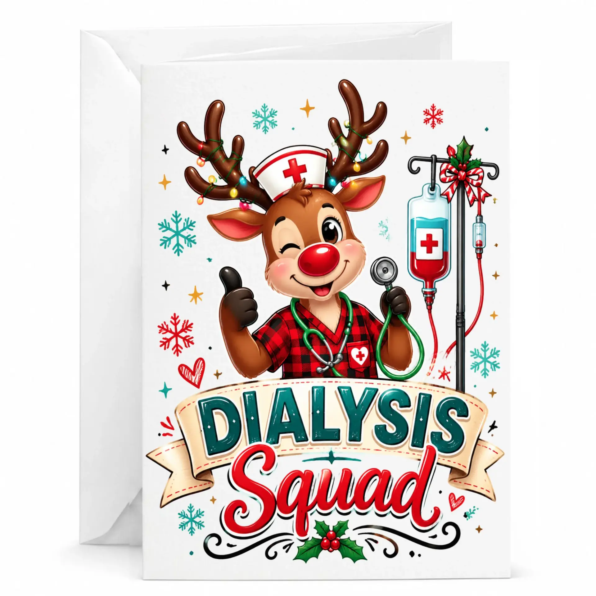 Funny Dialysis Squad Greeting Card for Medical Professionals, Cute Reindeer Nurse Holiday Card, 5x7 Folded Note