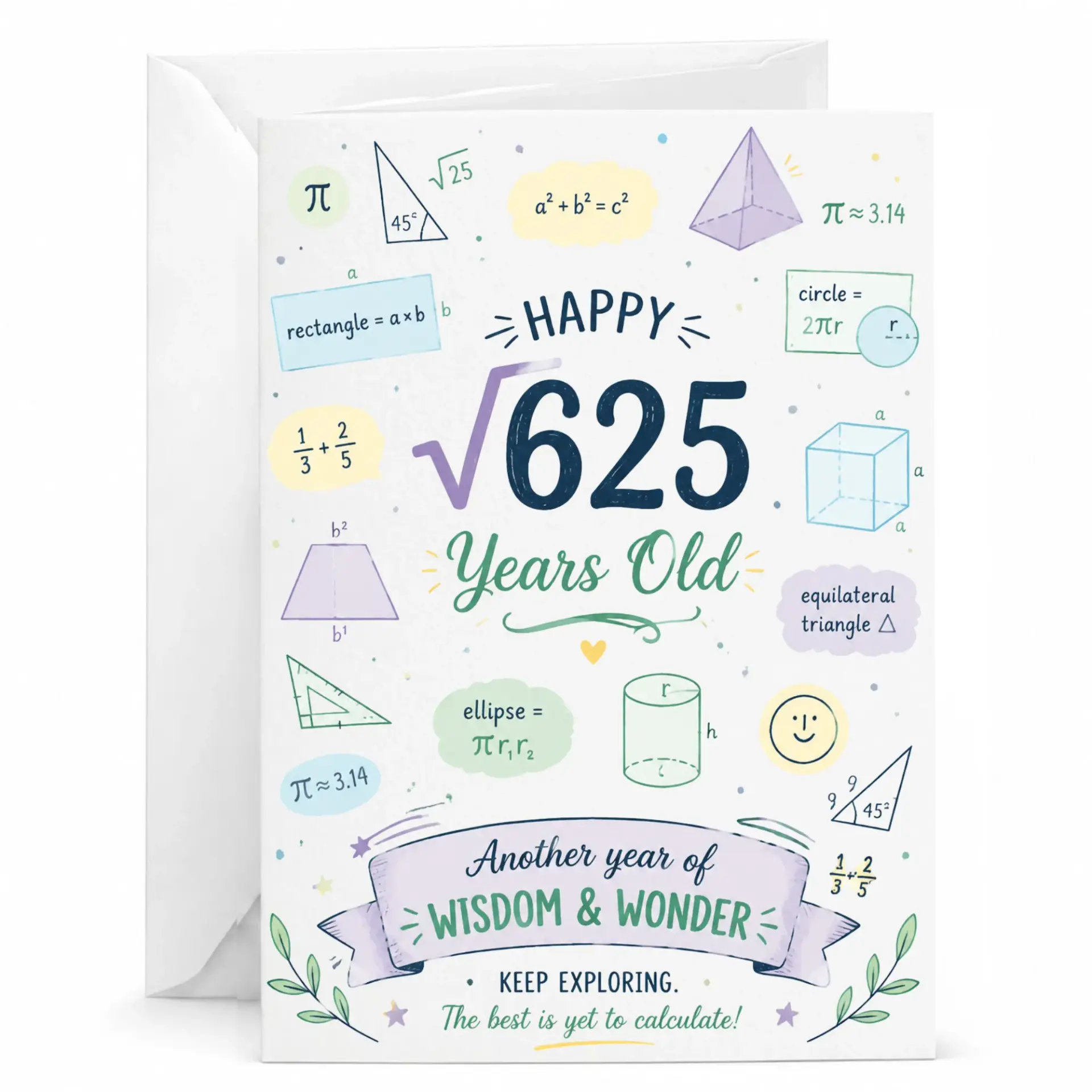 Birthday Card Happy Square Root of 625 Years Old Funny Math Theme Greeting Card for Teachers and Science Lovers