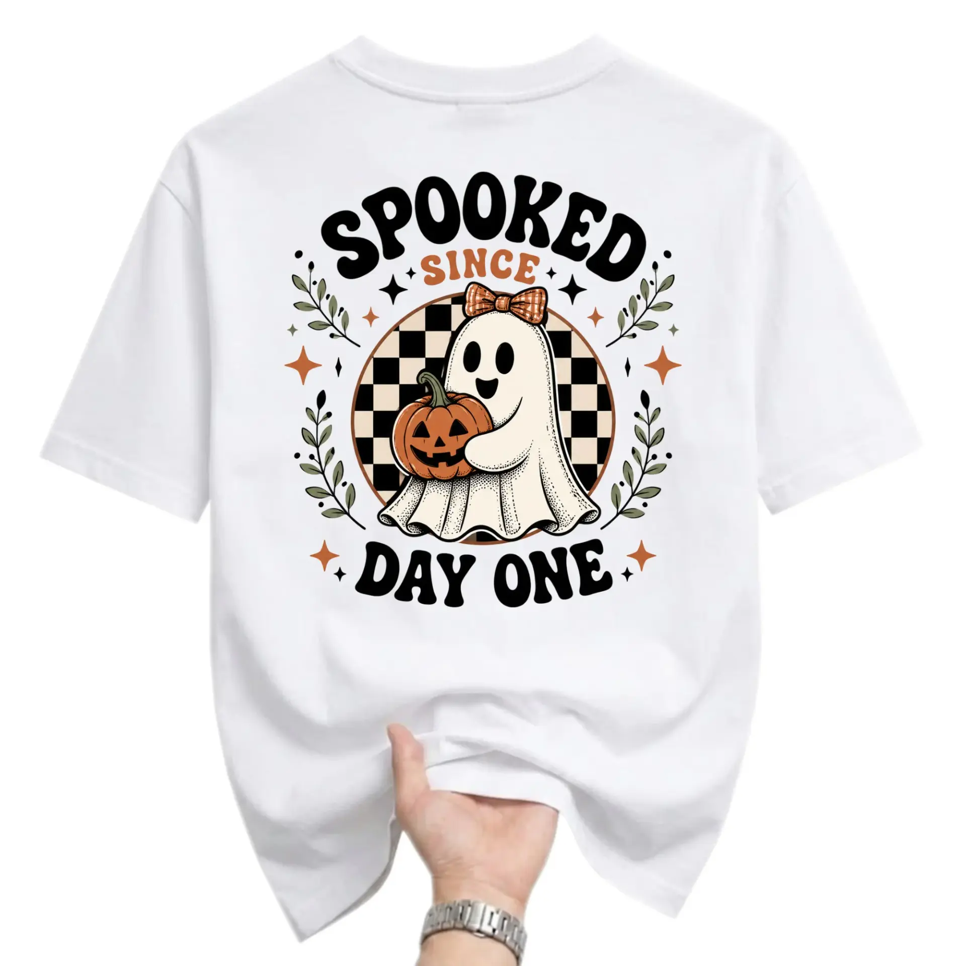 Funny Shirt Spooked Since Day One Ghost Pumpkin Graphic Tee Unisex Casual Crew Neck Halloween Autumn Seasonal Apparel