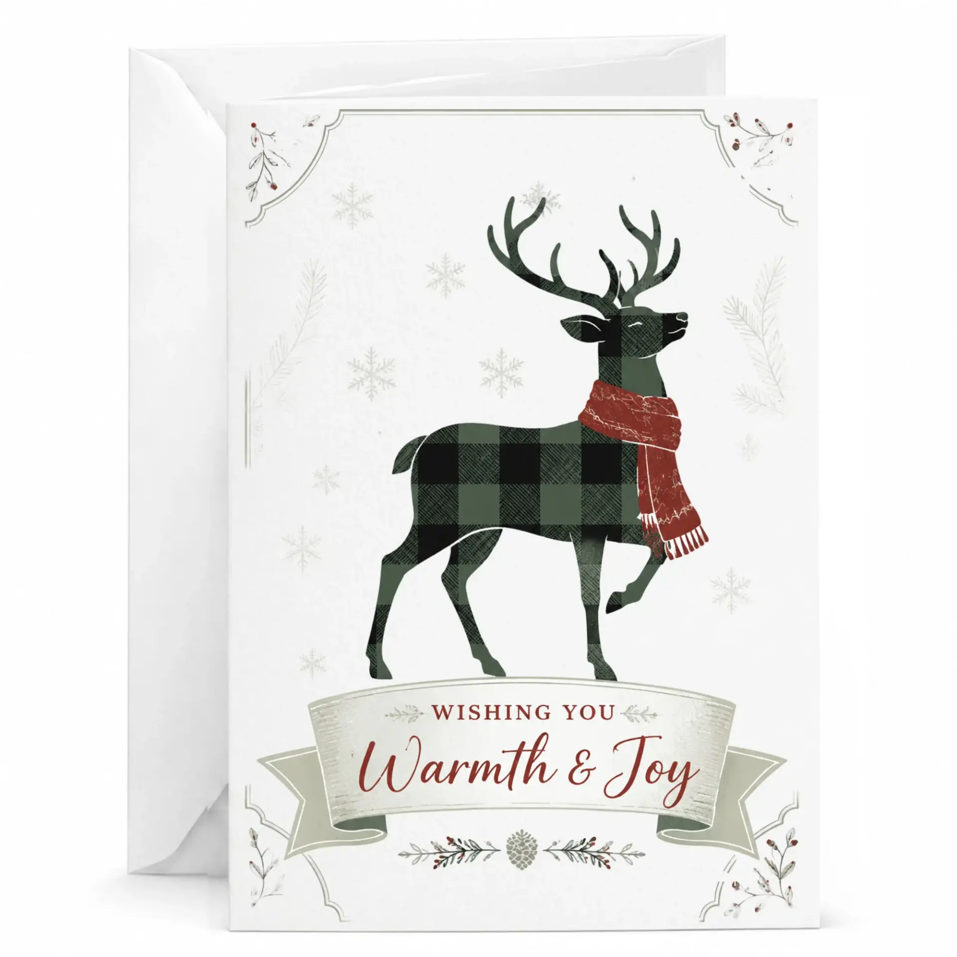 Greeting Card Featuring Buffalo Plaid Reindeer Design with Wishing You Warmth and Joy Seasonal Greeting Message
