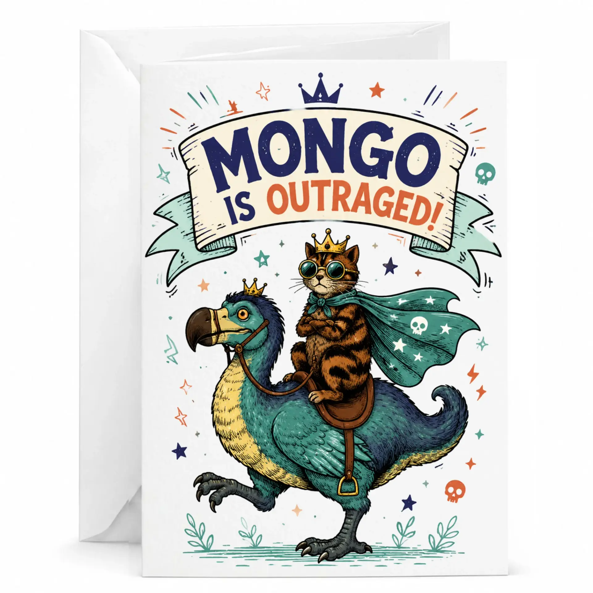 Funny Cat Greeting Card Mongo Is Outraged Design Unique Illustrated Birthday Note with Matching White Envelope