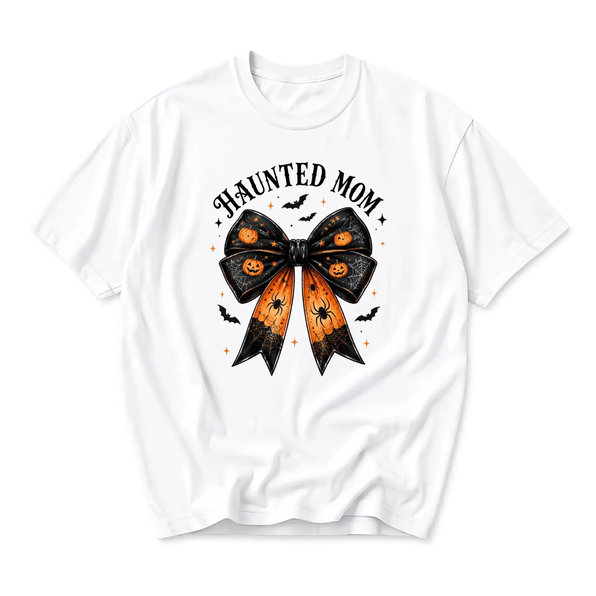 Graphic Tee Haunted Mom Halloween Bow Shirt Unisex Casual Crew Neck Holiday Short Sleeve Fashion Comfortable Top
