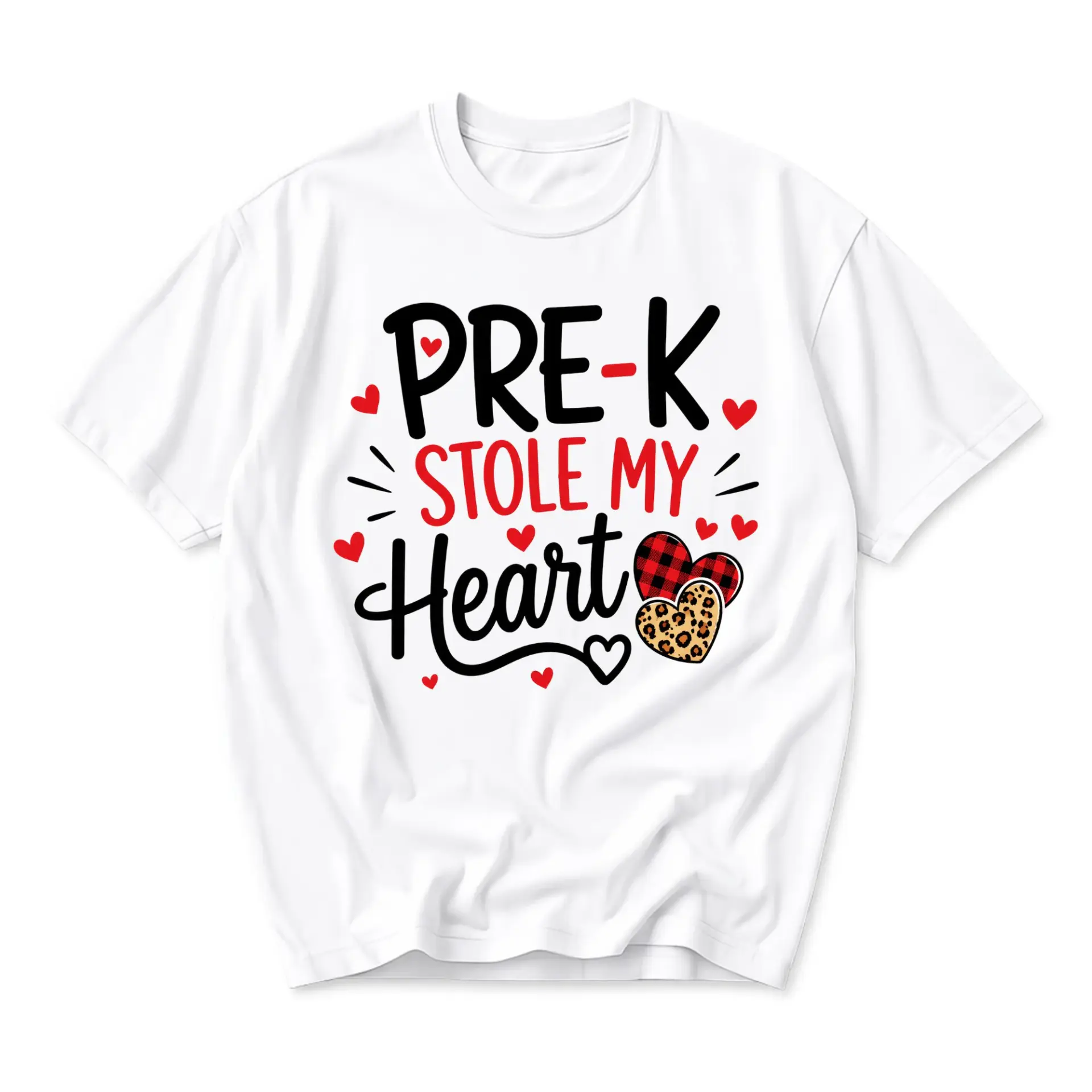 Funny Shirt Pre-K Stole My Heart Graphic Tee Unisex Casual Crew Neck Soft Cotton Blend Everyday Apparel White