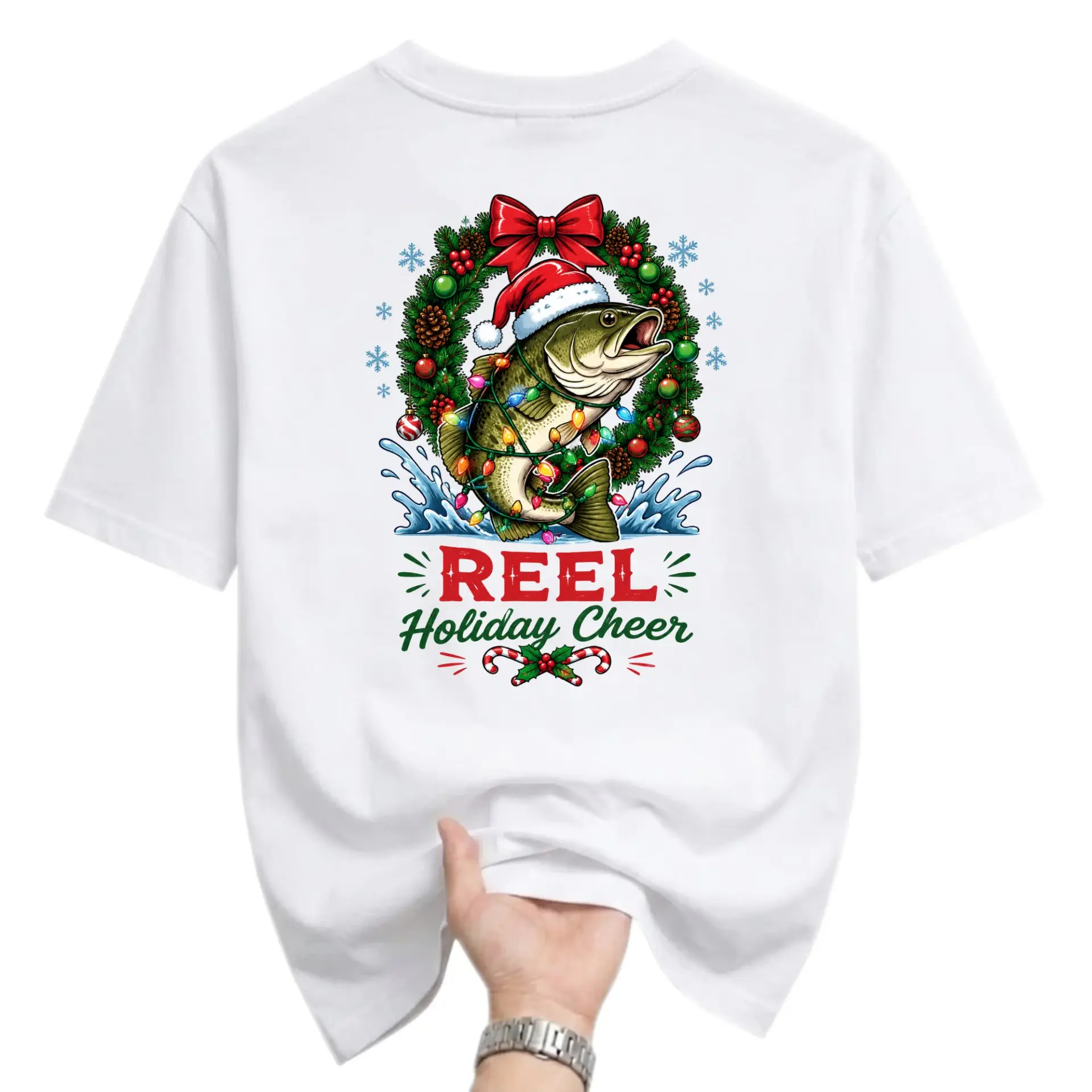 Funny Shirt Reel Holiday Cheer Fishing Graphic Tee Festive Fish Christmas Present Unisex Crew Neck T-Shirt