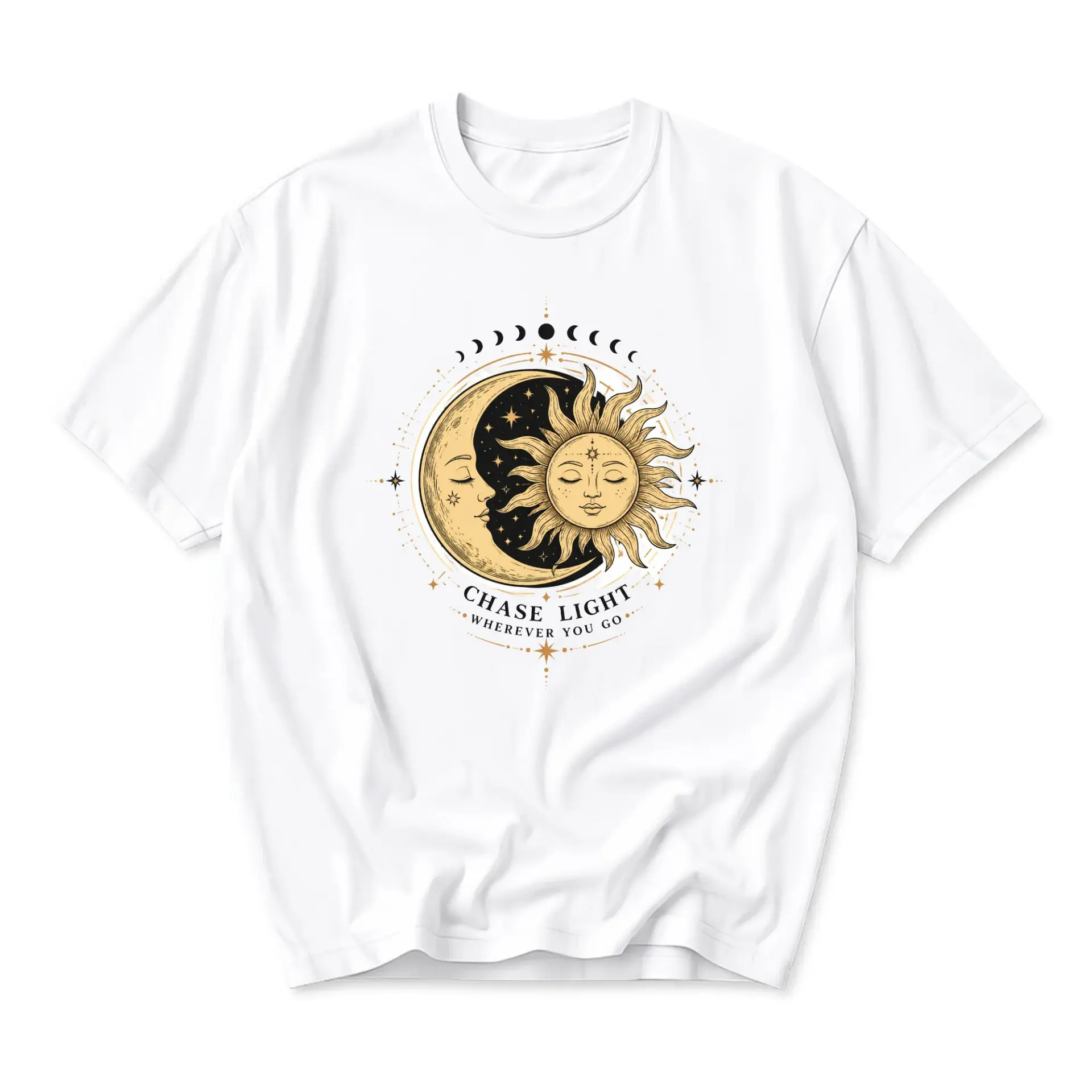 Graphic Tee Celestial Sun and Moon Print Unisex Casual Crew Neck T-Shirt Featuring Mystical Illustration