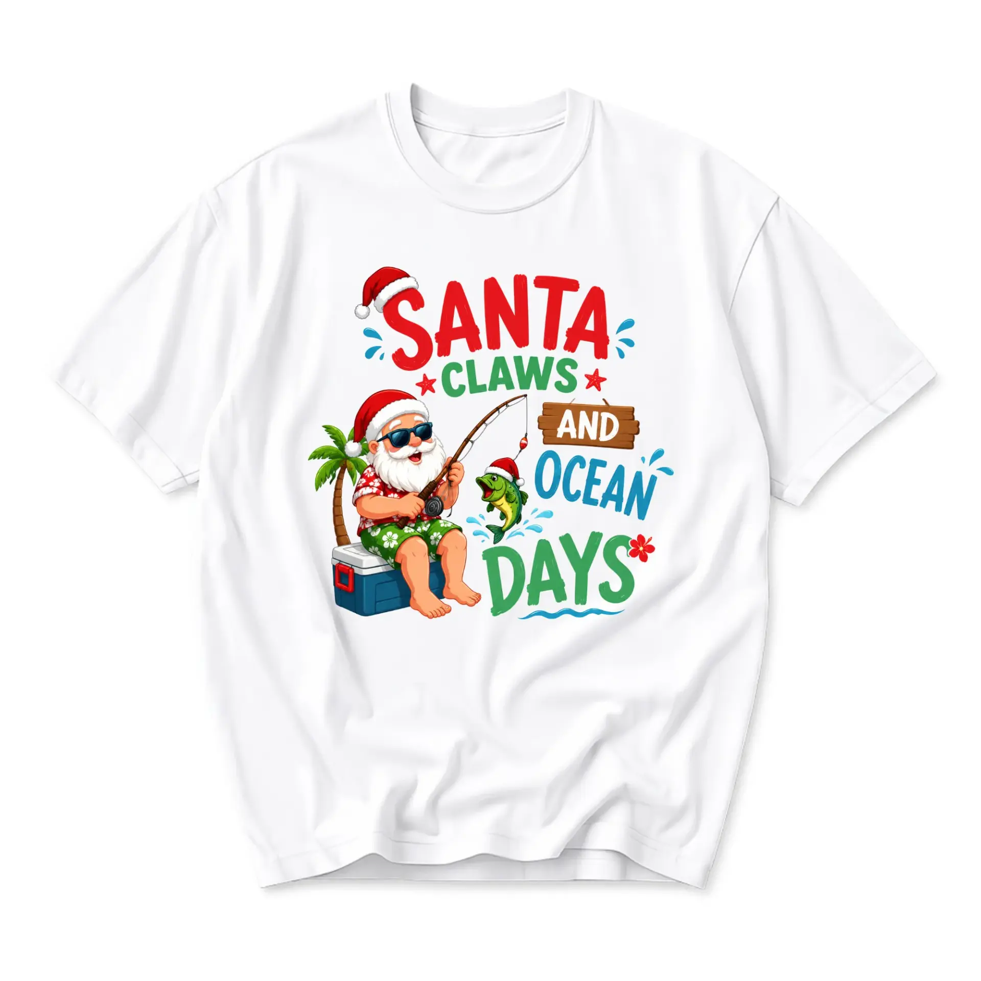 Funny Shirt Santa Claws and Ocean Days Graphic Tee Tropical Christmas