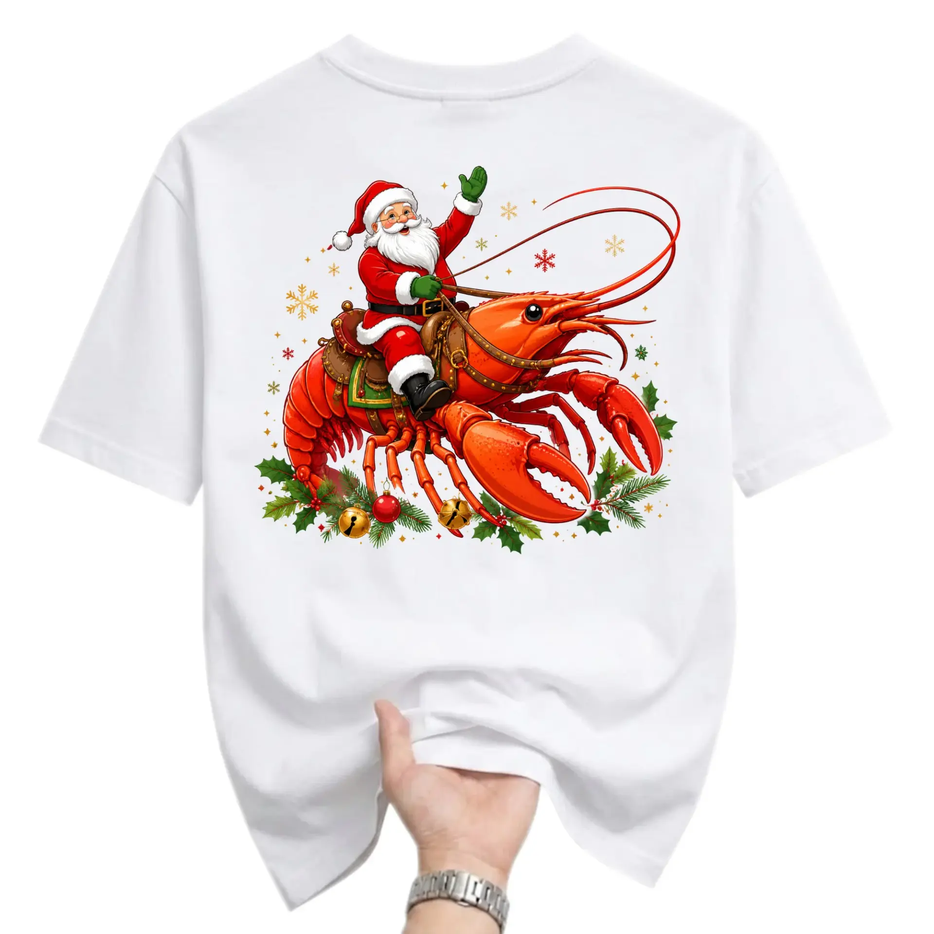 Graphic Tee Santa Claus Riding a Giant Lobster Funny Holiday Unisex Crew