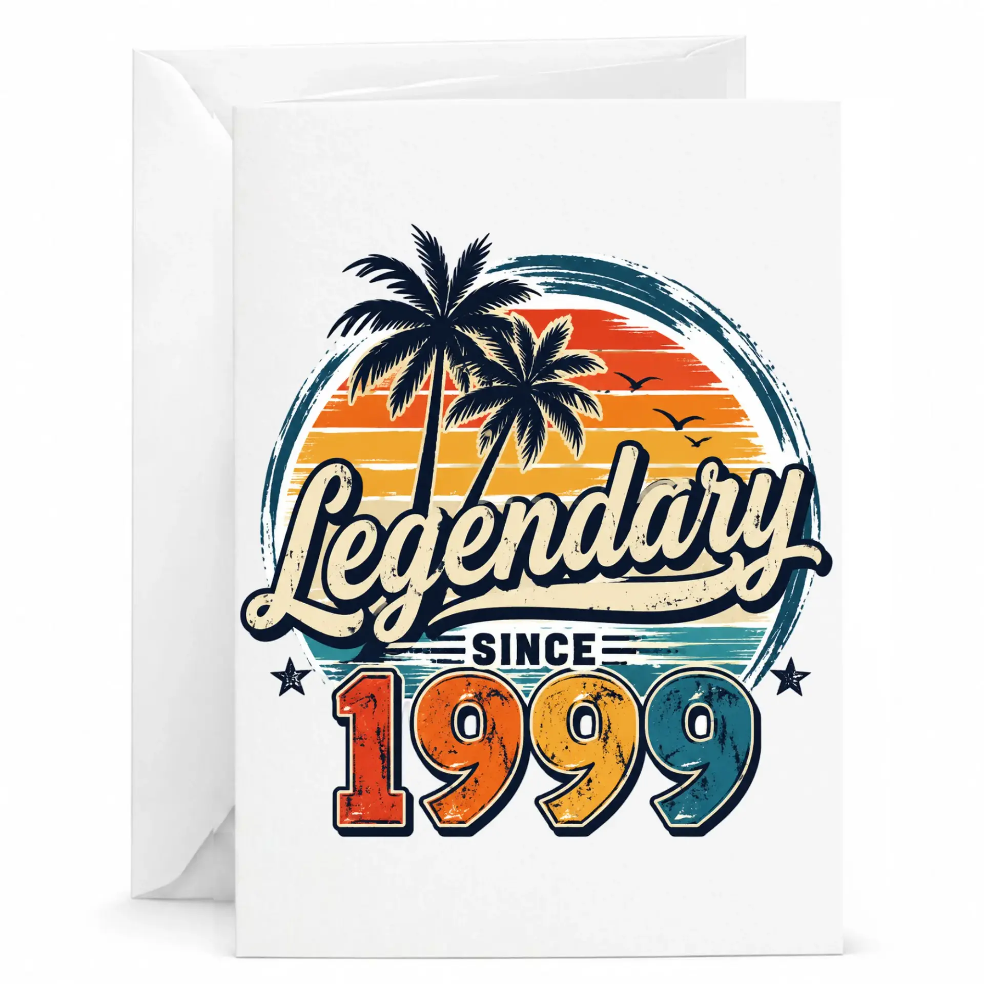 Birthday Card Legendary Since 1999 Vintage Palm Tree Sunset Design for Milestone Celebration Greeting and Keepsake