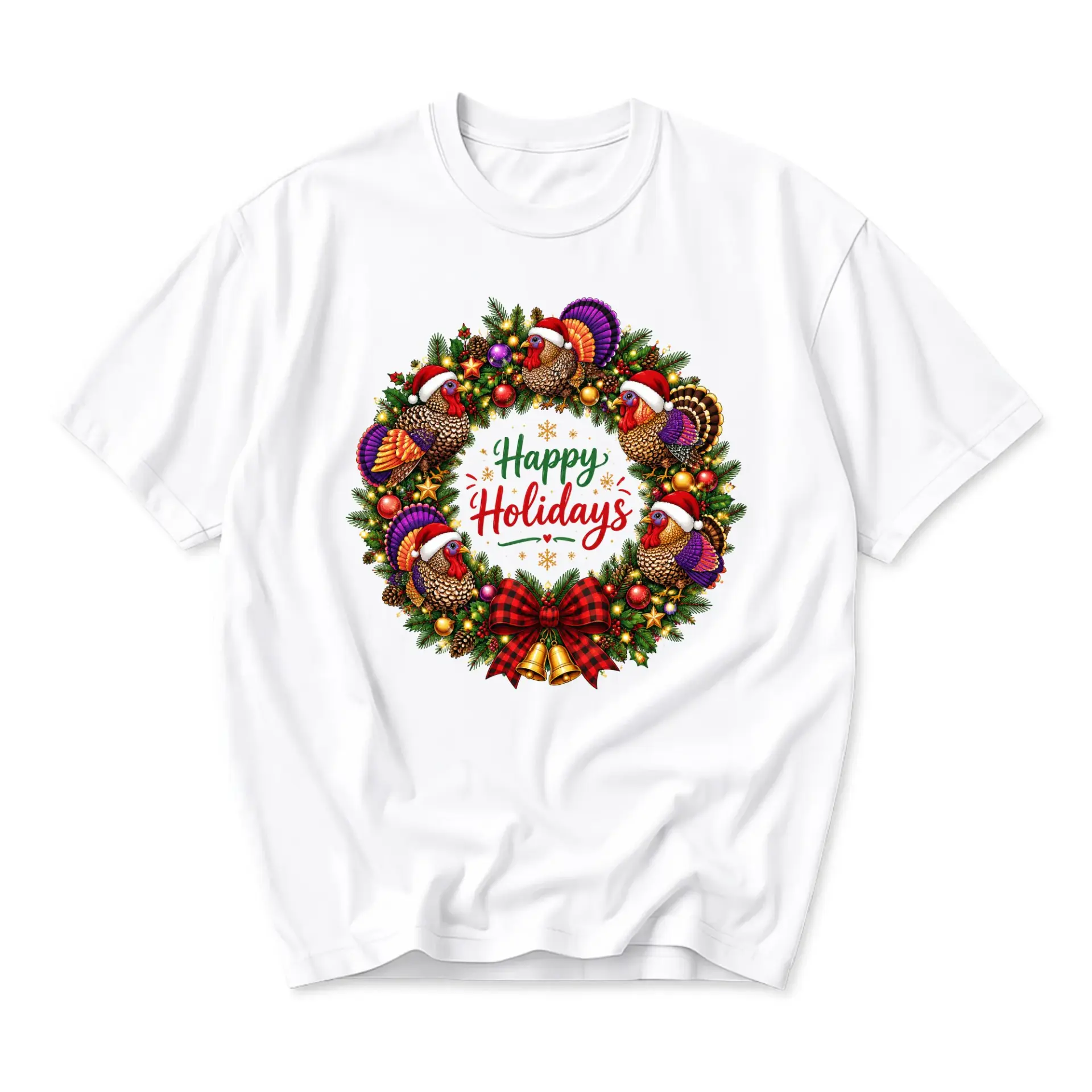 Graphic Tee Happy Holidays Wreath with Turkeys Unisex Crew Neck Casual Shirt for Seasonal Festive Apparel