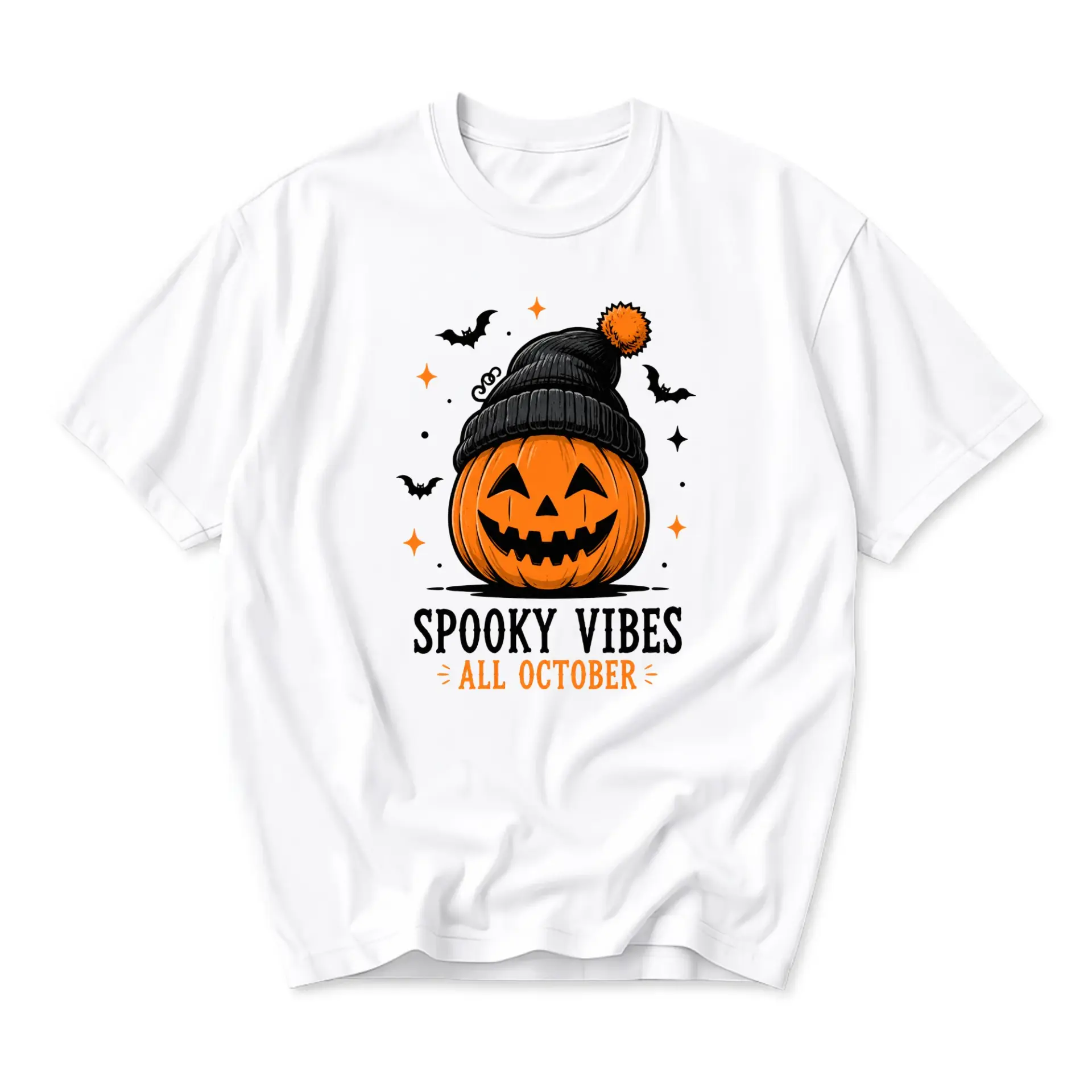 Graphic Tee Spooky Vibes All October Pumpkin Unisex Crew Neck Short Sleeve Shirt for Casual Fall Season Wear