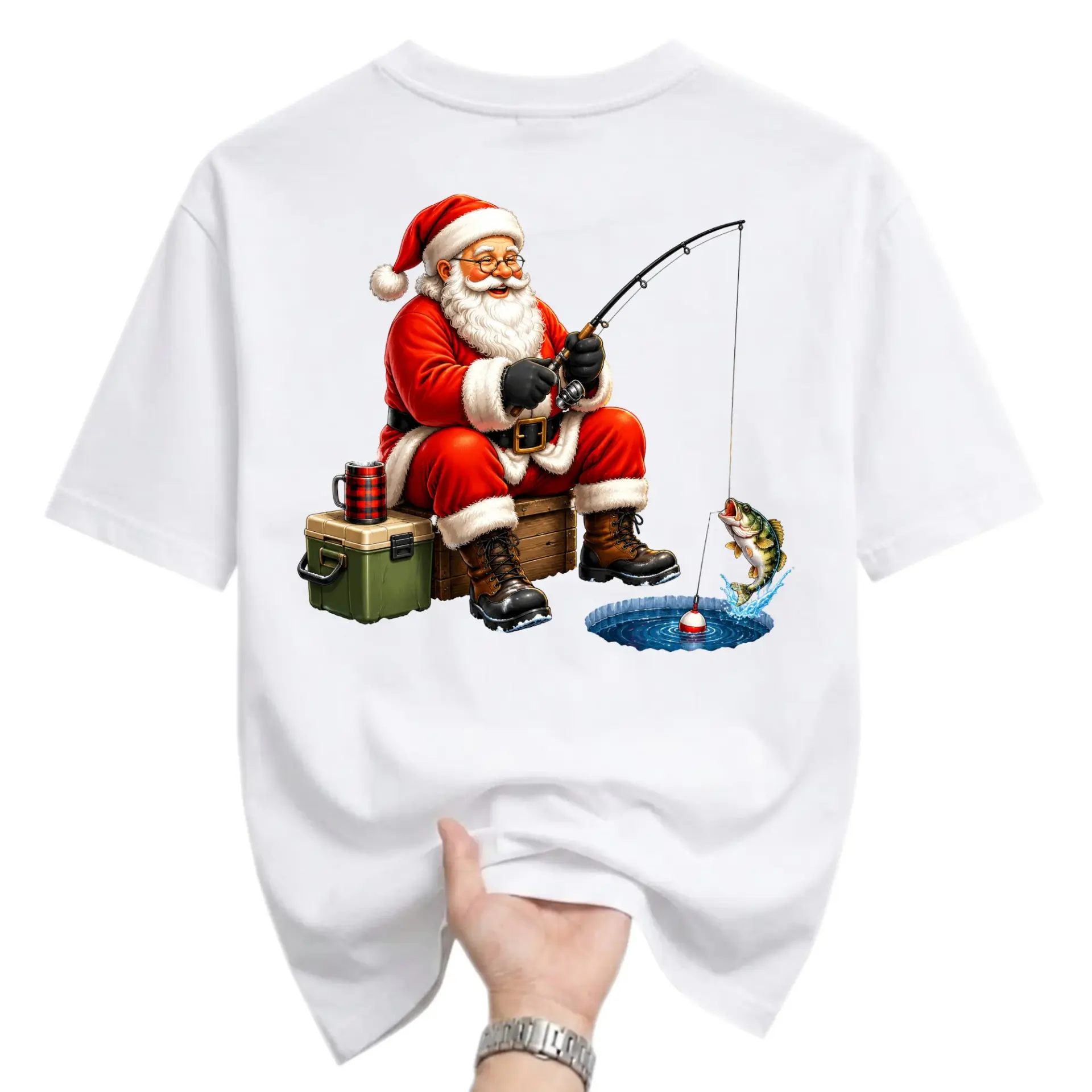 Funny Shirt Fishing Santa Graphic Tee Holiday Fisherman Gift Unisex Casual