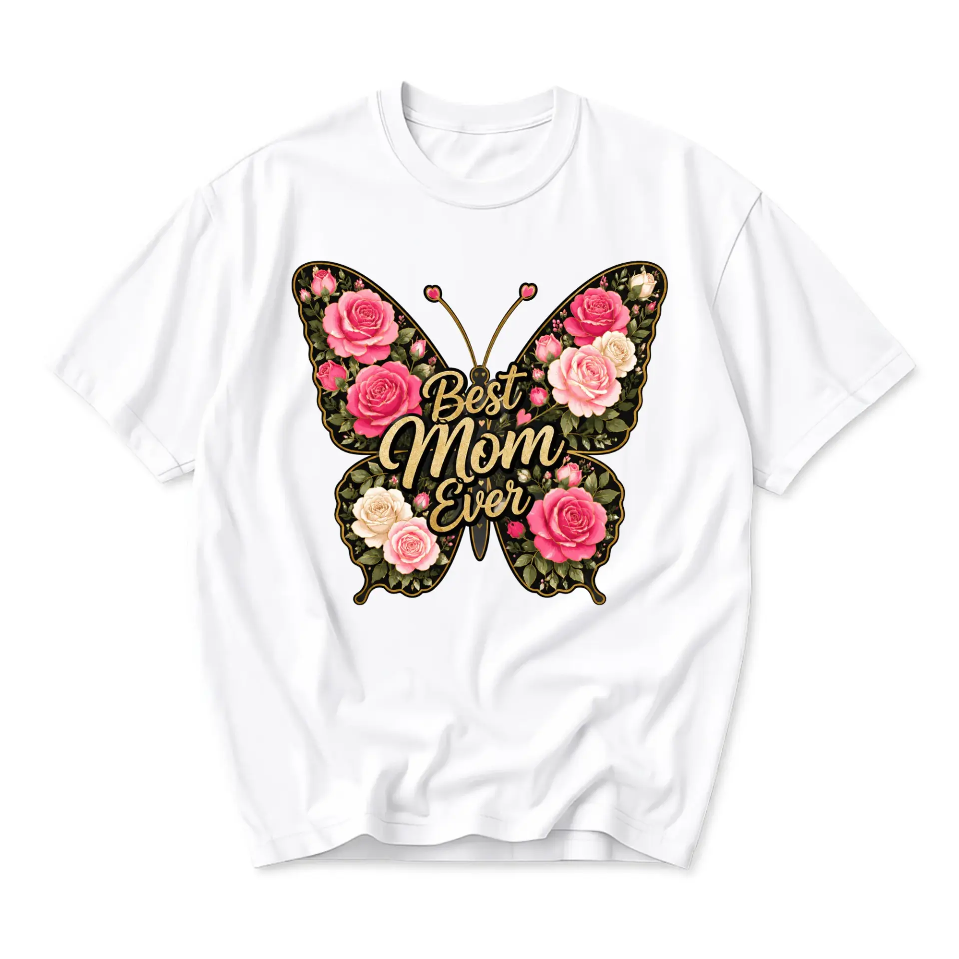 Graphic Tee Best Mom Ever Butterfly Floral Print Casual Unisex Short Sleeve Crew Neck Cotton Blend T-Shirt