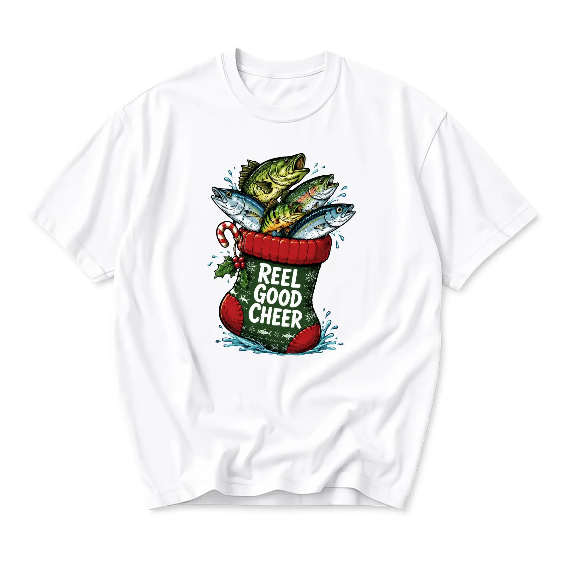 Funny Shirt Reel Good Cheer Fishing Christmas Stocking Graphic Tee Unisex