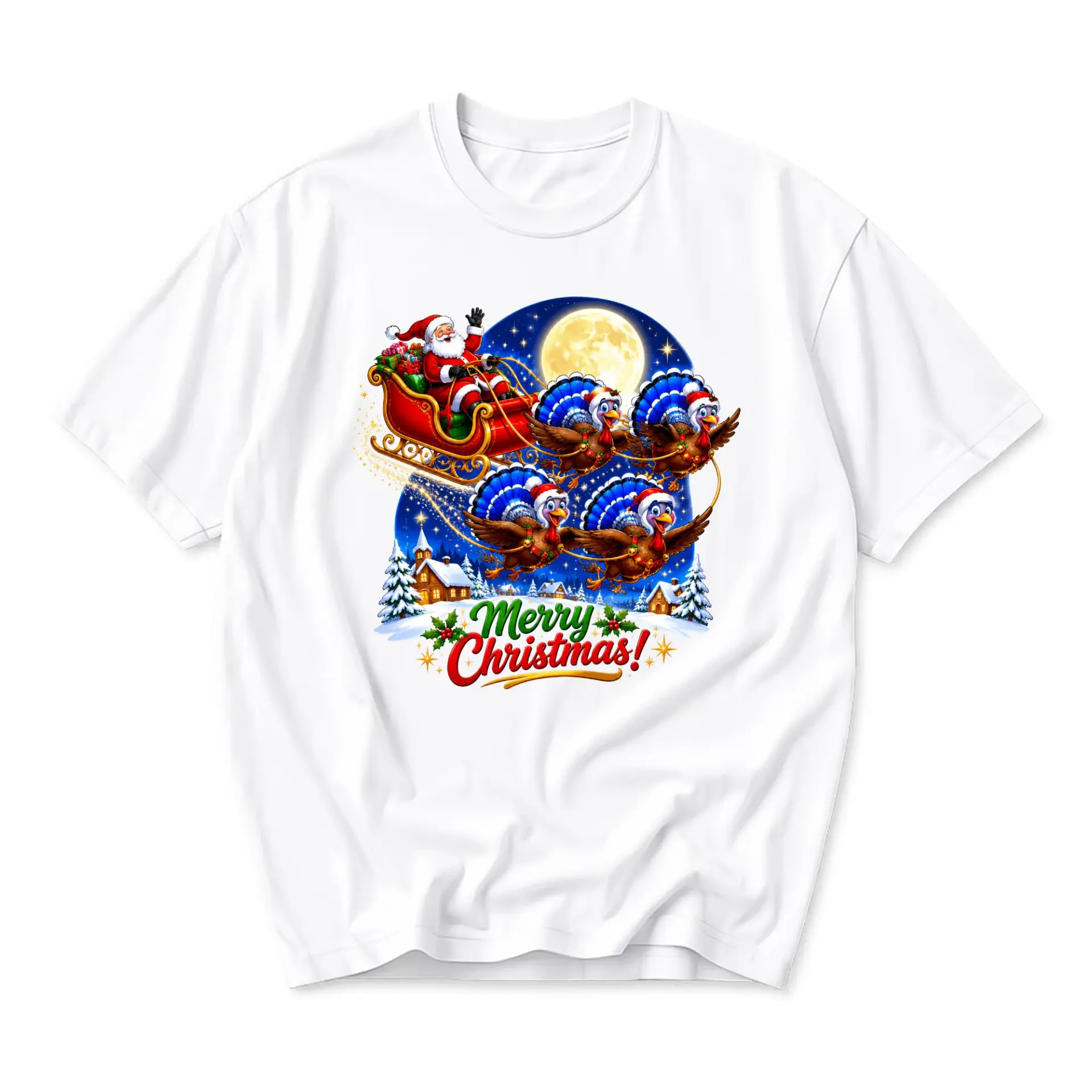 Graphic Tee Merry Christmas Santa Sleigh Pulled by Turkeys Festive Holiday Seasonal Unisex Crew Neck Short Sleeve Top