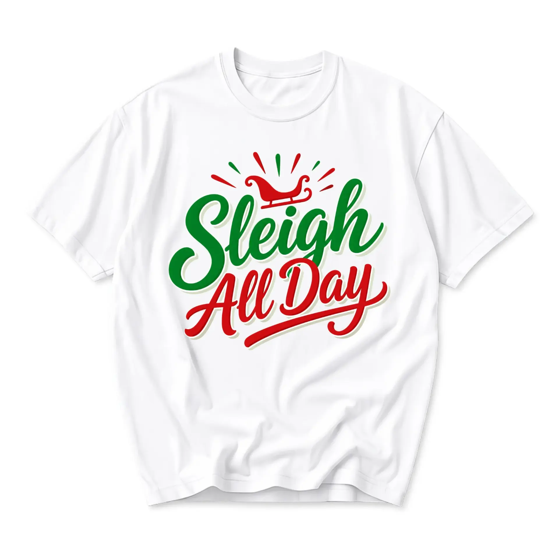 Funny Shirt Sleigh All Day Holiday Graphic Tee Unisex Short Sleeve Crew Neck Casual Cotton Blend Festive Apparel