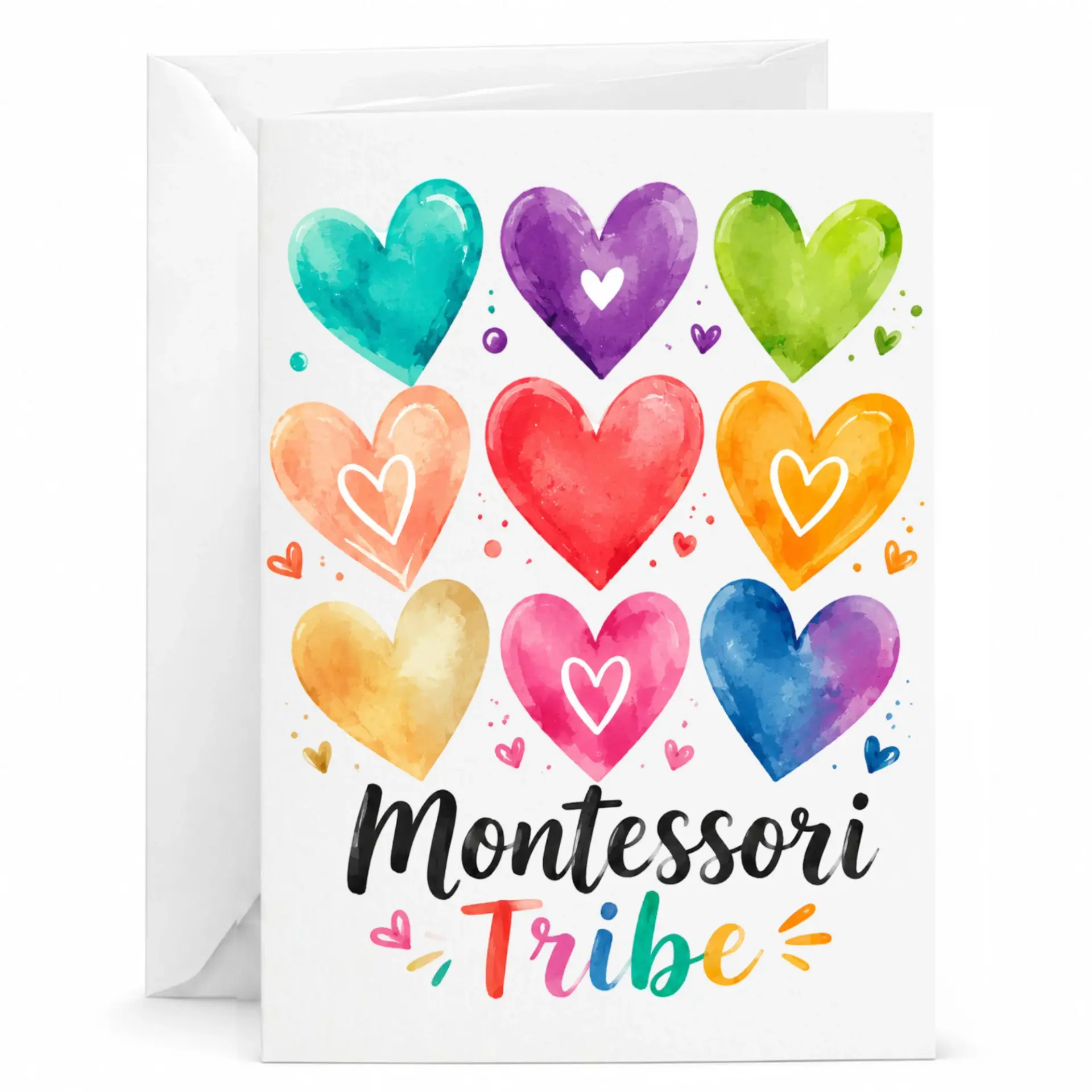 Greeting Card Montessori Tribe Heart Illustration Colorful Watercolor Hearts Design for Appreciation