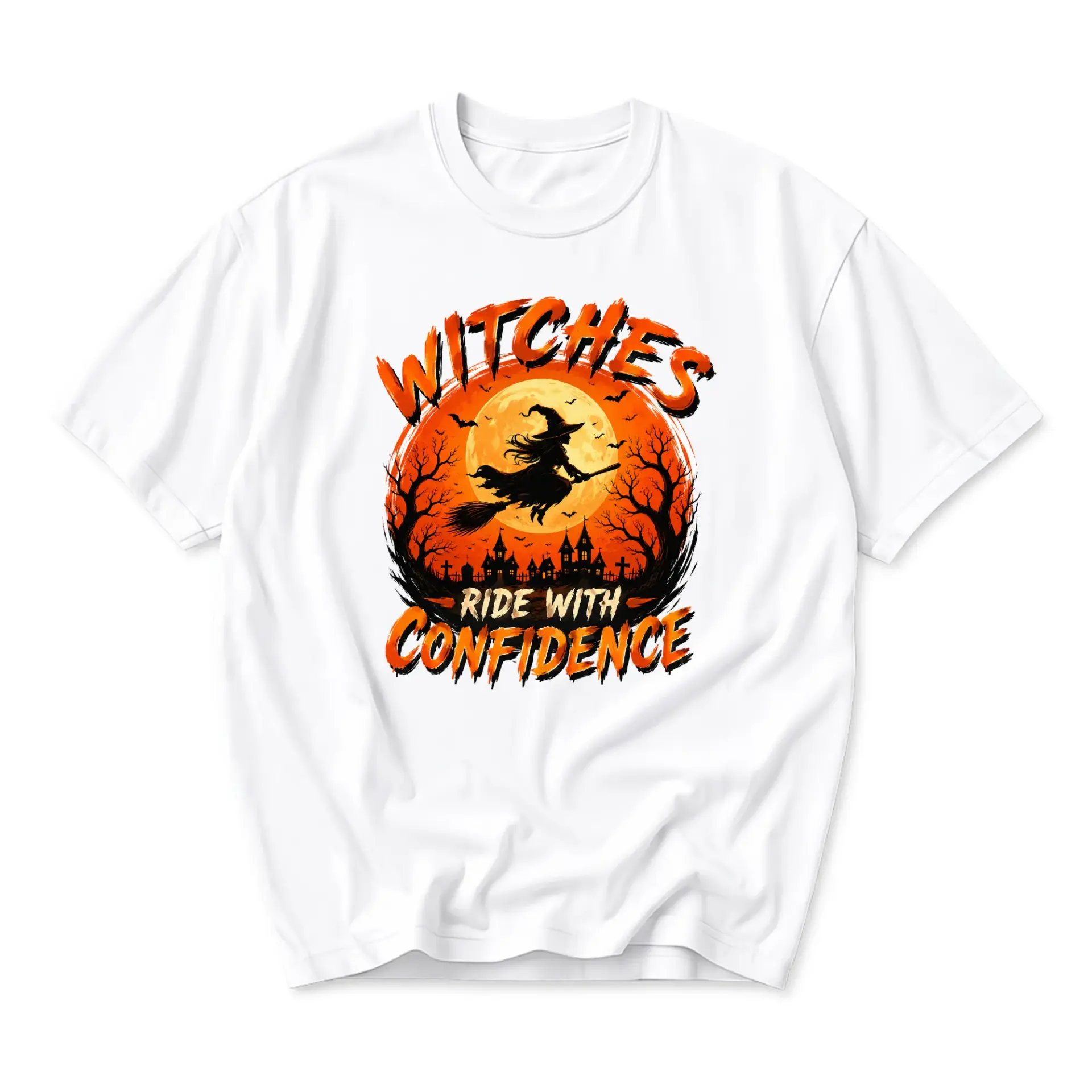 Graphic Tee Witches Ride with Confidence Halloween Shirt Unisex Casual Crew Neck Comfortable Cotton Blend Short Sleeve