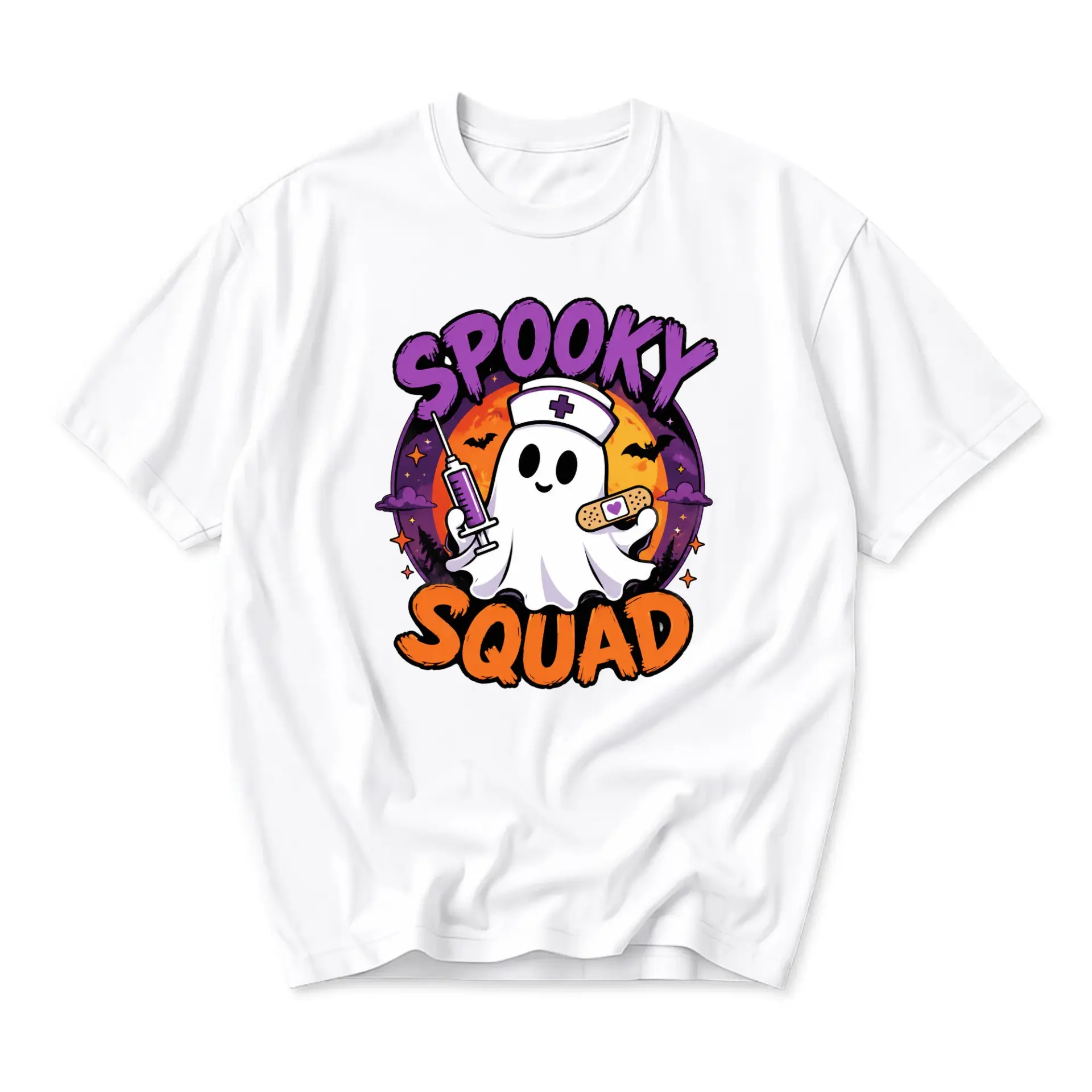 Funny Shirt Spooky Squad Ghost Nurse Graphic Tee Seasonal Halloween Costume Casual Unisex Crew Neck Cotton Blend Top