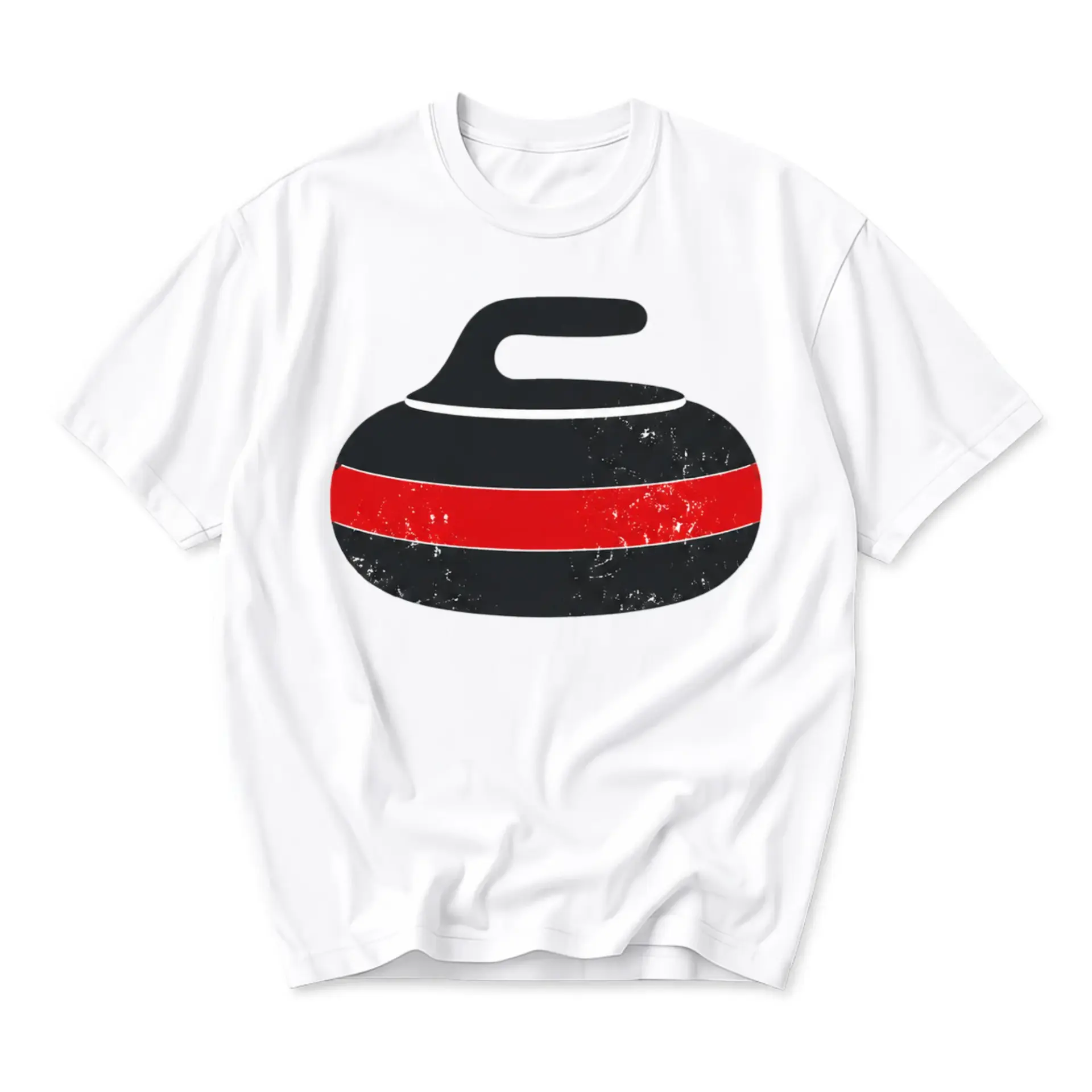 Graphic Tee Unisex Crew Neck T-Shirt Featuring Distressed Curling Stone Illustration for Sport Enthusiasts