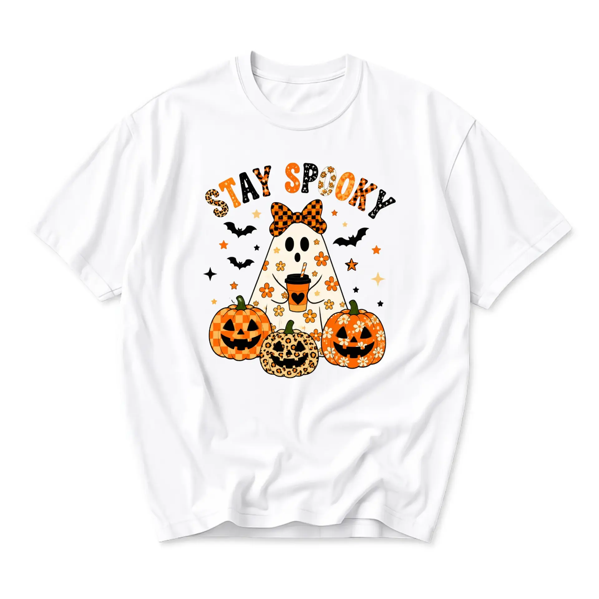 Graphic Tee Stay Spooky Halloween Ghost Shirt Cute Autumn Pumpkin Pattern Unisex Crew Neck Short Sleeve Casual Top