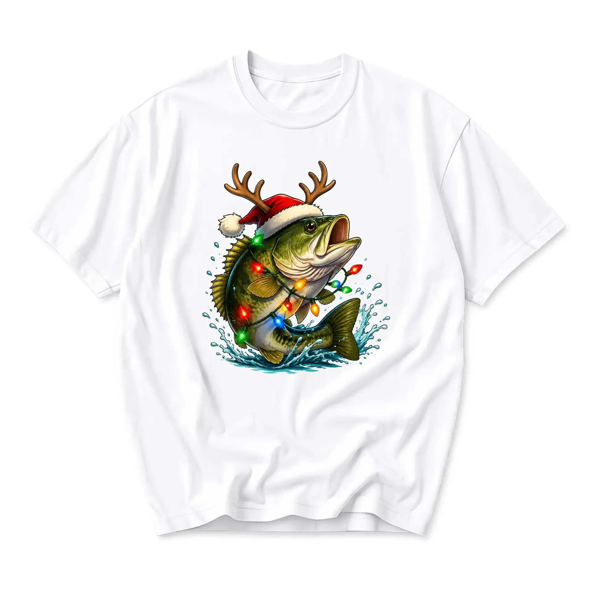 Funny Shirt Holiday Fishing Graphic Tee Seasonal with Reindeer Antlers and Colorful Christmas Lights Print