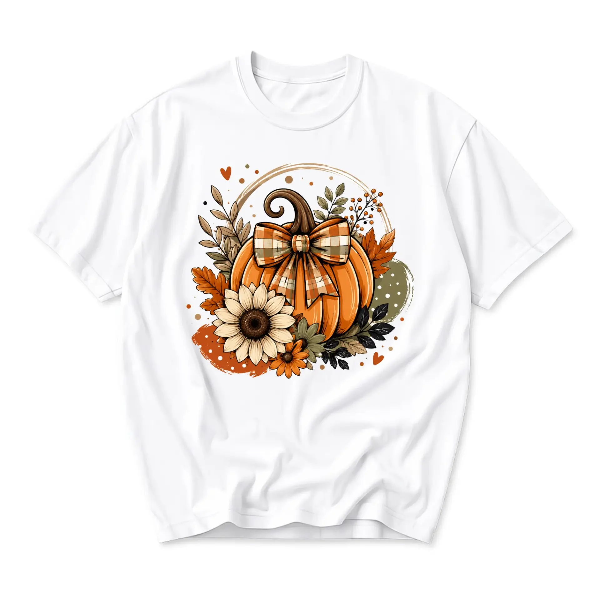 Graphic Tee Autumn Pumpkin Sunflower Design Unisex Crew Neck Short Sleeve Shirt for Casual Fall Season Wear