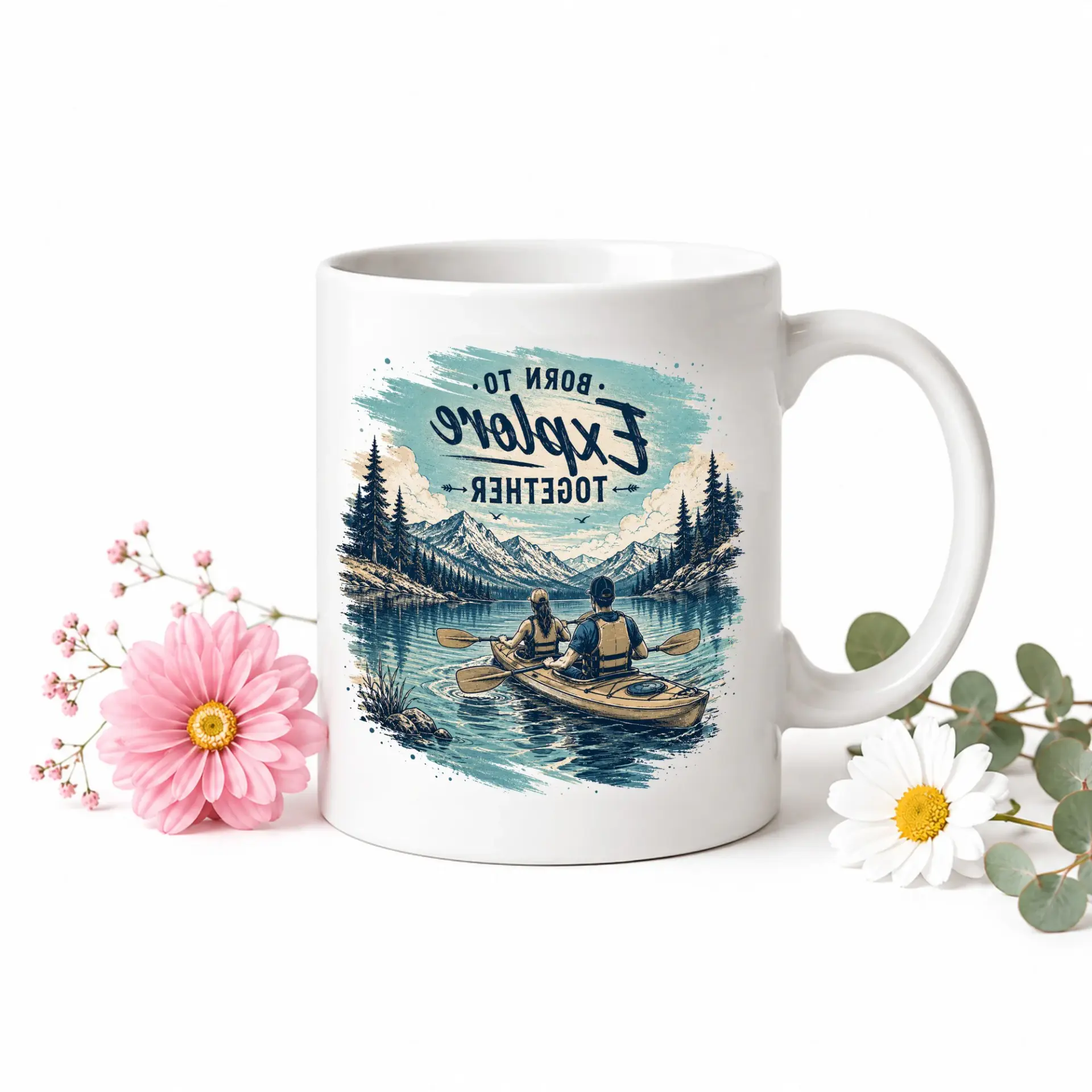 Scenic Mountain Kayaking Themed Ceramic Coffee Mug Featuring a Dual Colored Handle and Detailed Outdoor Adventure Graphic