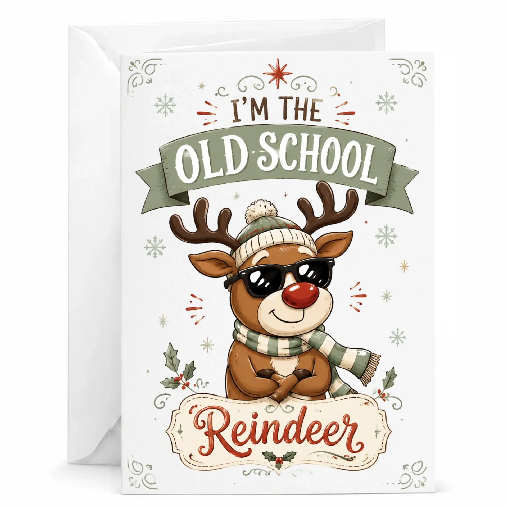 Funny Greeting Card I Am the Old School Reindeer Holiday Stationery with Matching White Envelope for Seasonal Greetings