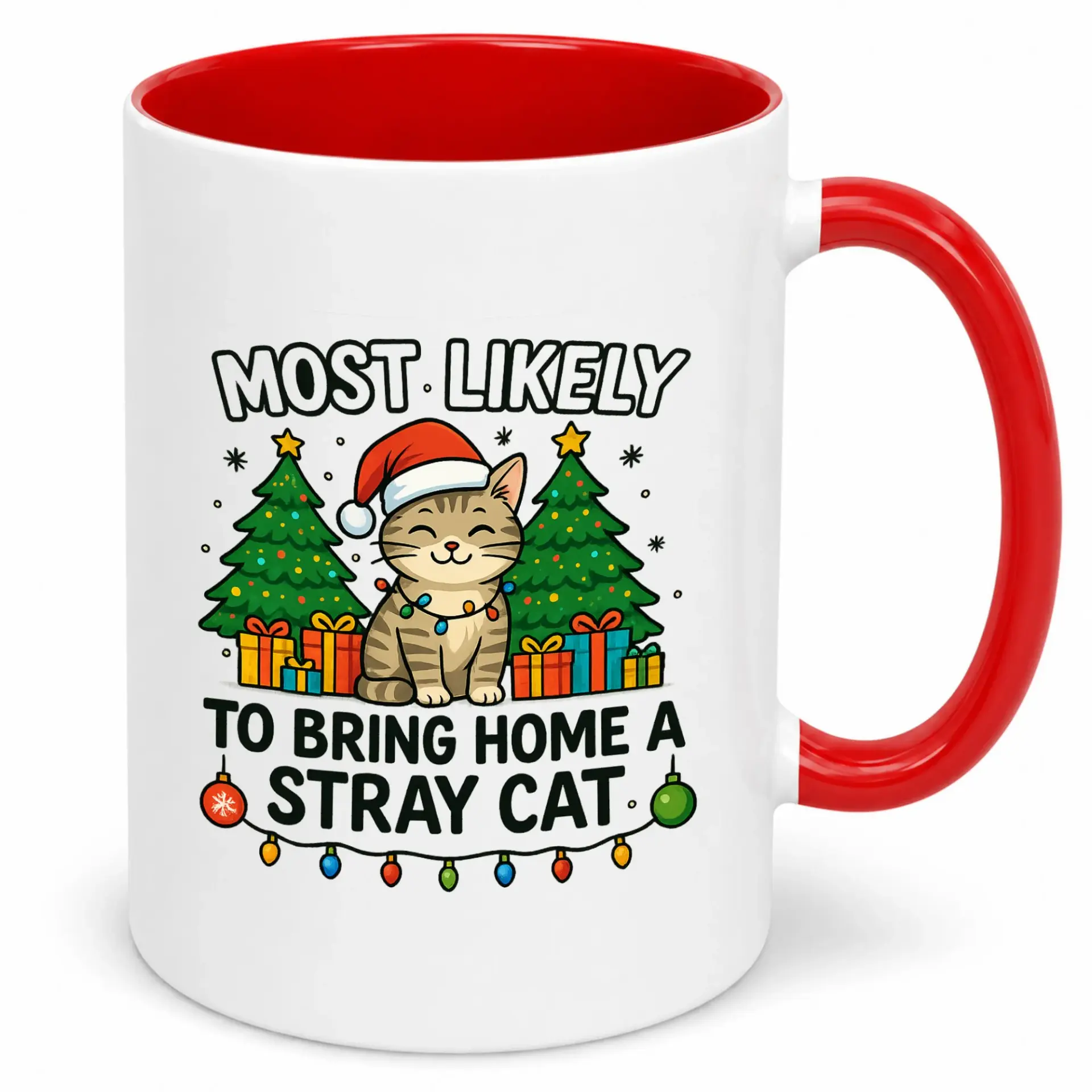 Funny Christmas Ceramic Coffee Mug "most Likely to Bring Home a Stray Cat" with Cute Cartoon Cat, Santa Hat, and Festive Holiday Decor