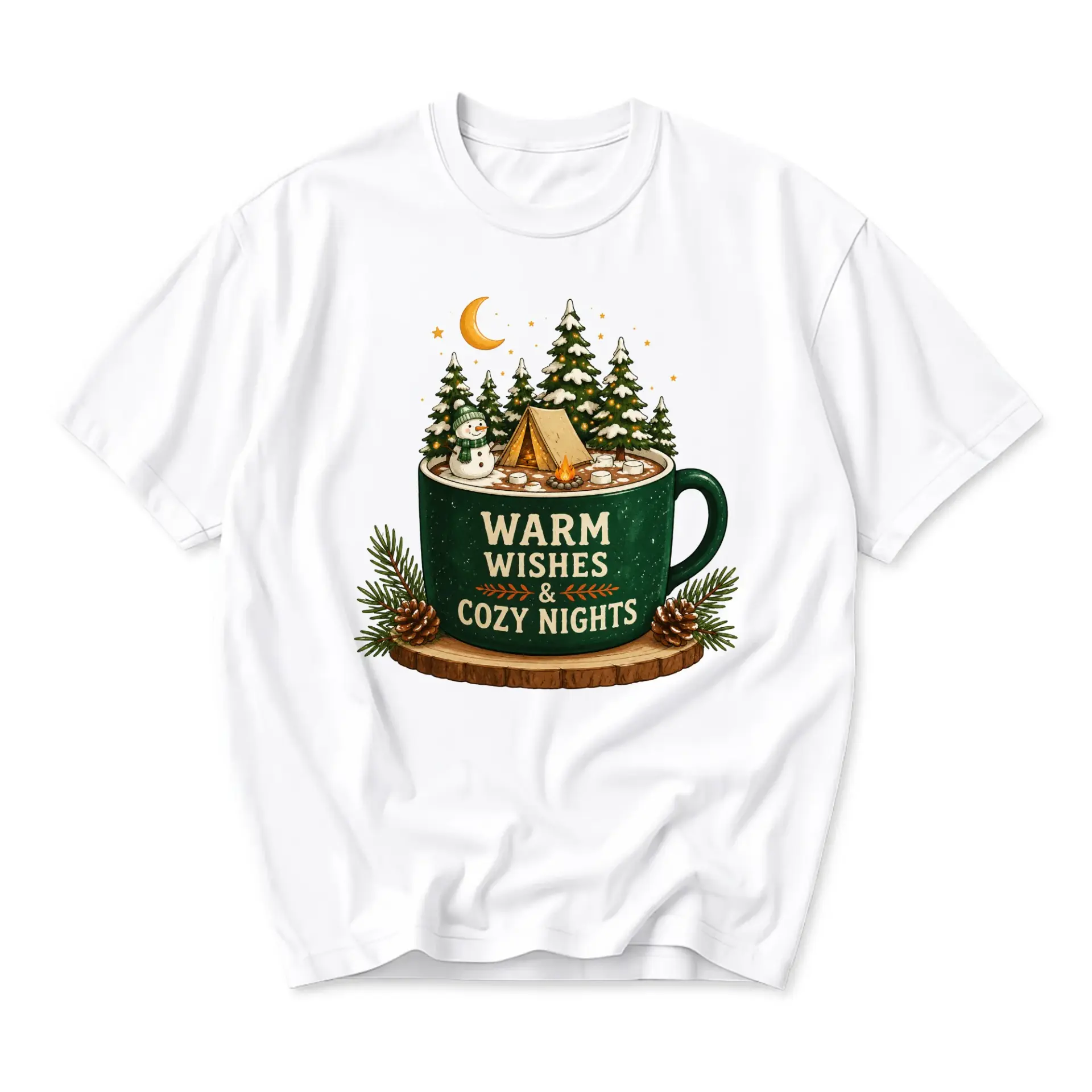 T-shirt Warm Wishes and Cozy Nights Graphic Tee Winter Holiday Camping Theme Seasonal Unisex Cotton Crew Neck Top