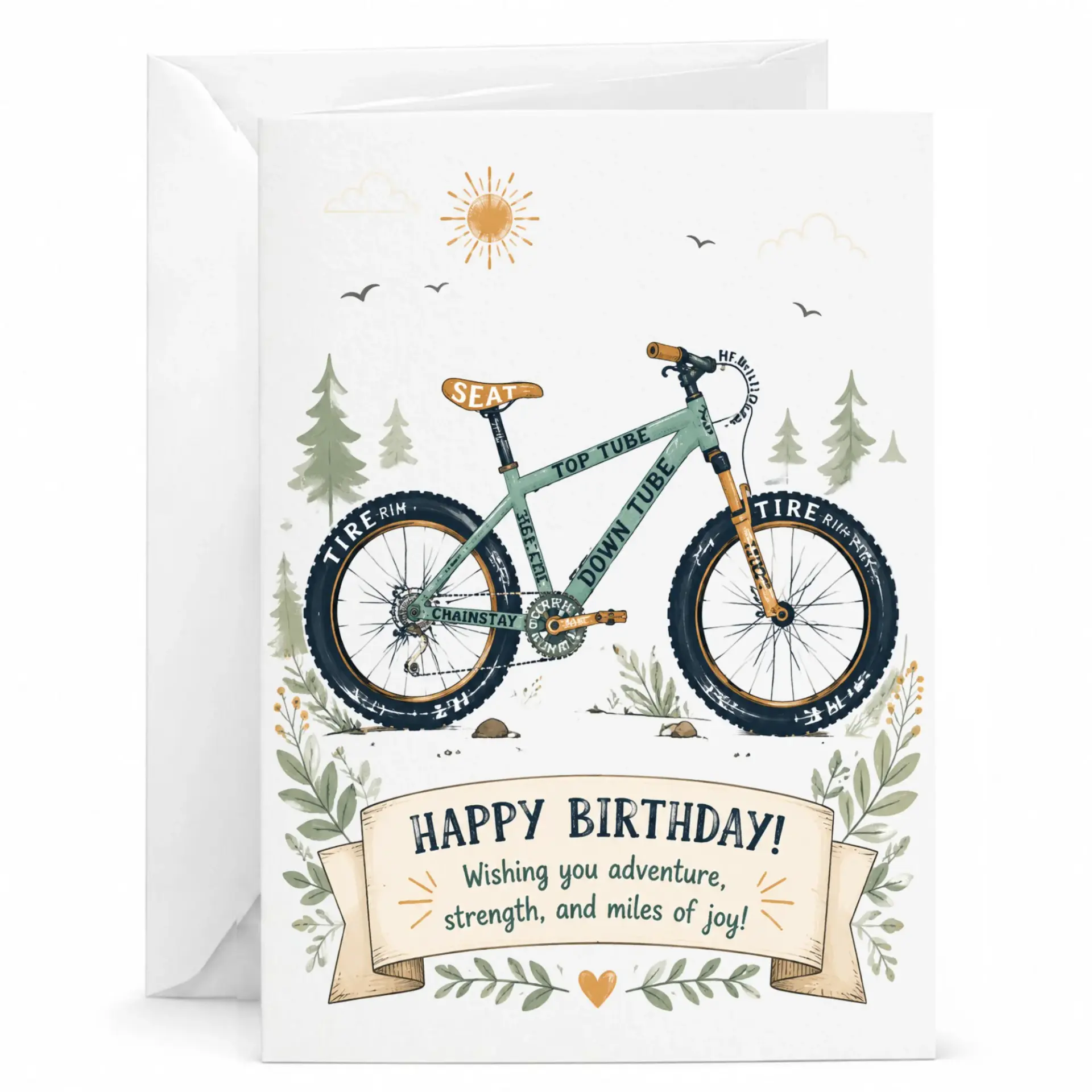 Birthday Card for Cyclist Mountain Biker Gift, Funny Bicycle Anatomy Illustration Greeting Card with White Envelope