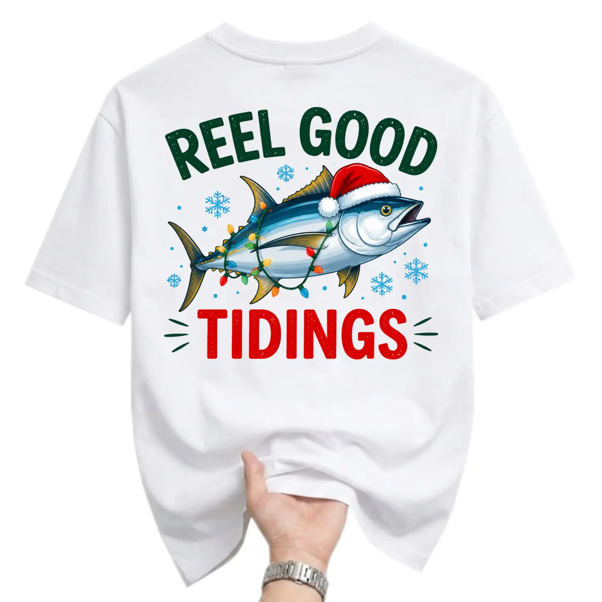 Funny Shirt Reel Good Tidings Christmas Fishing Graphic Tee Unisex Short Sleeve Casual Holiday Crew Neck Apparel