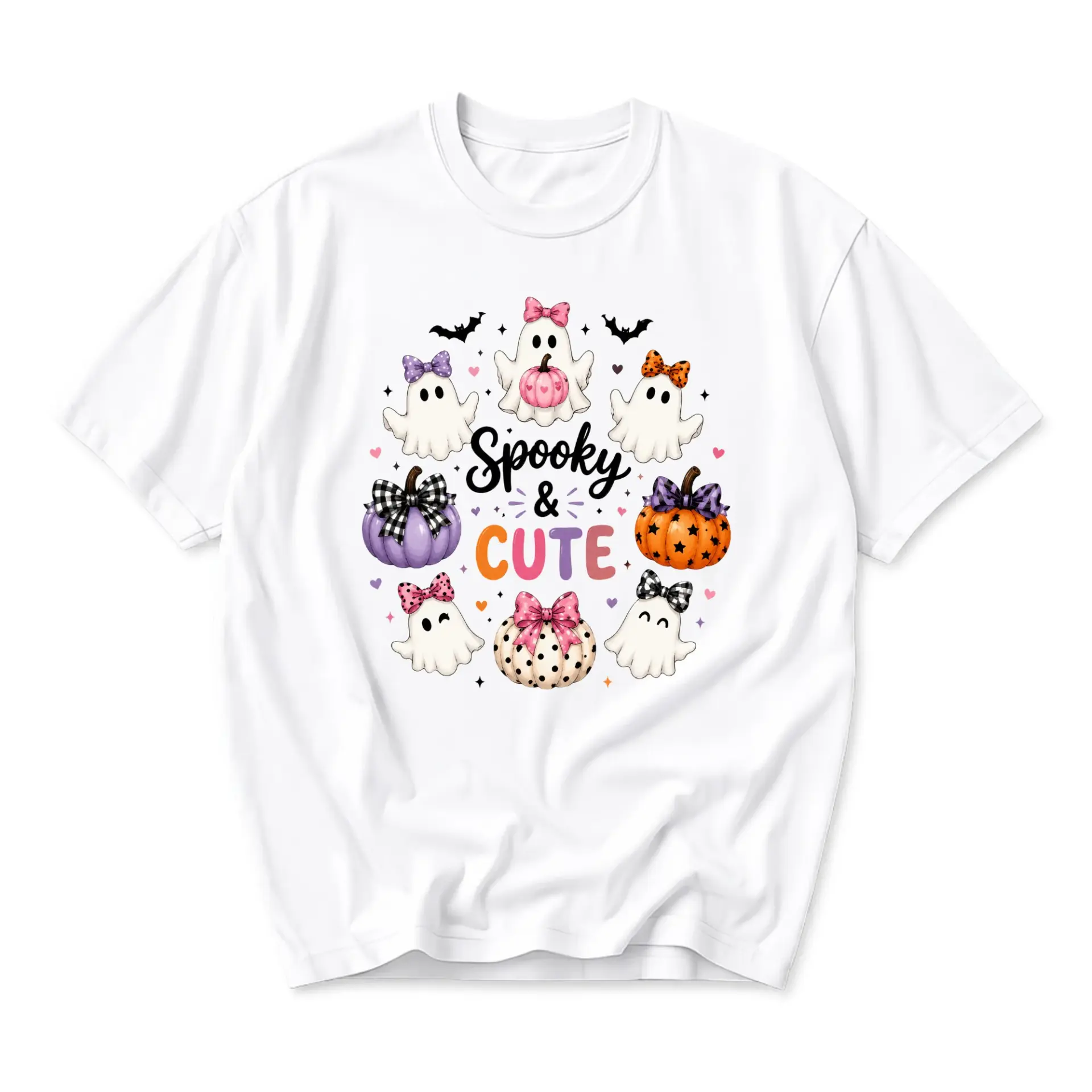 T-shirt Spooky and Cute Halloween Graphic Tee Fall Seasonal Shirt Aesthetic Ghost and Pumpkin Print Casual Apparel
