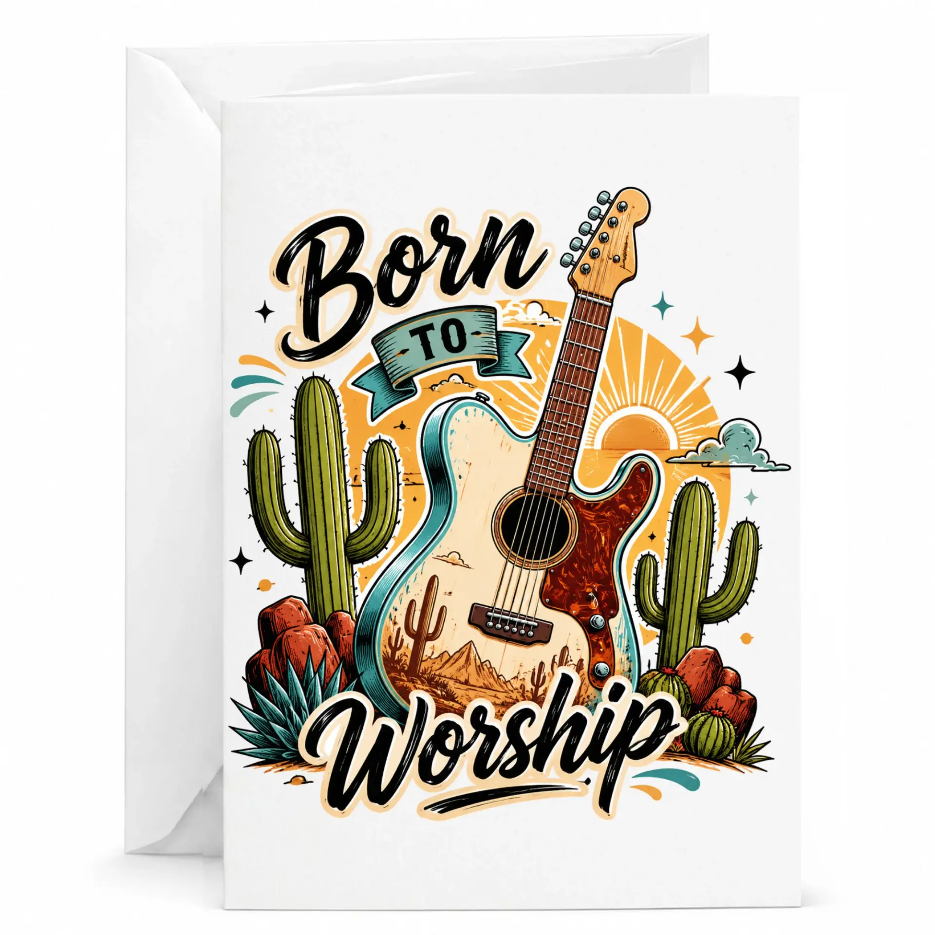 Greeting Card Born to Worship Musical Guitar Desert Theme Print Premium Heavyweight Paper Folded Stationery Card