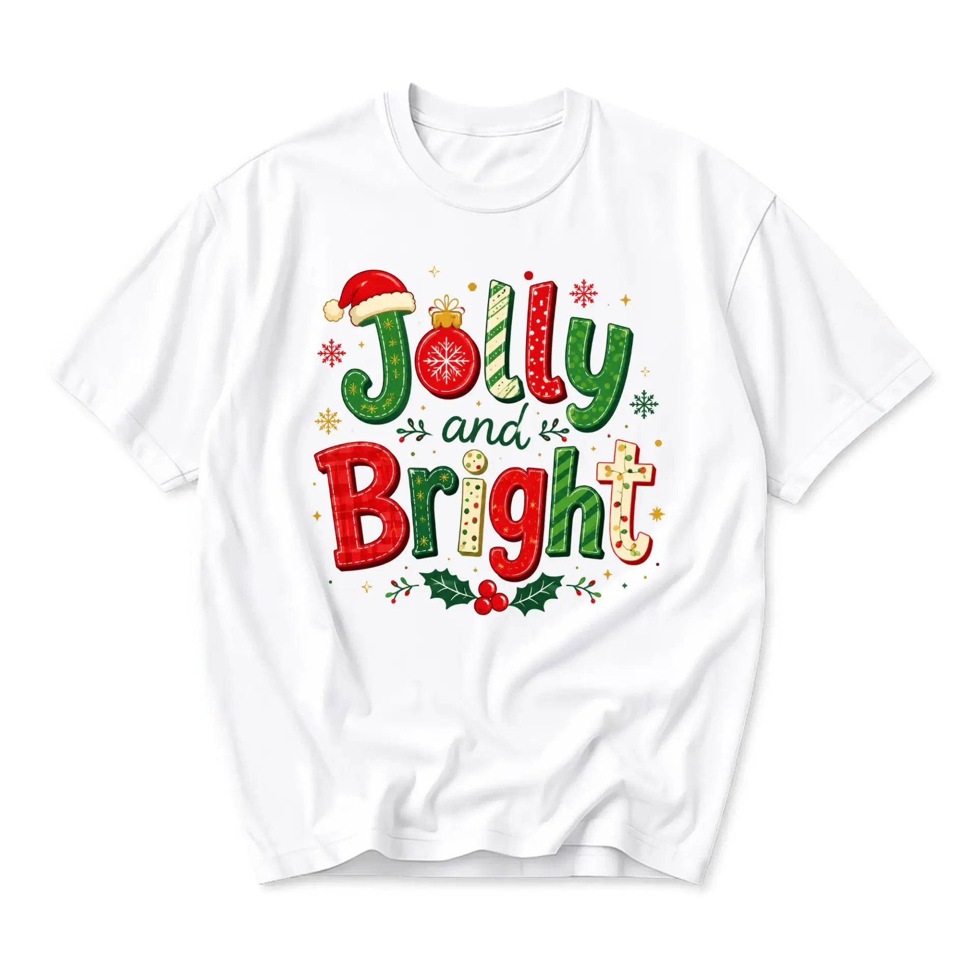 Graphic Tee Jolly and Bright Christmas Holiday T-Shirt Unisex Crew Neck Casual Everyday Wear Soft Cotton Top