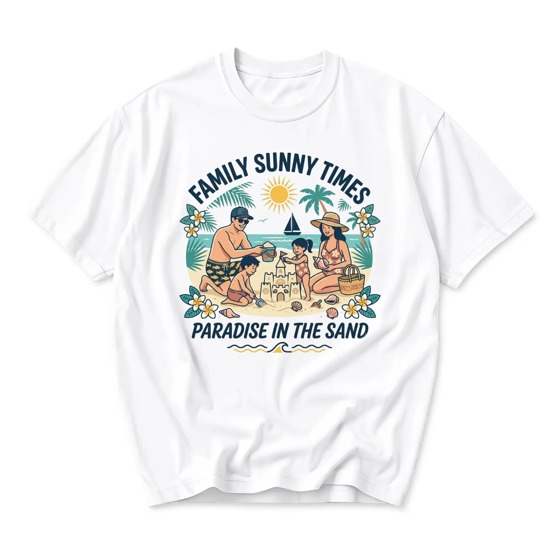 Graphic Tee Unisex Sunny Beach Day Illustration Short Sleeve Crew Neck Cotton Casual Summer Vacation Apparel