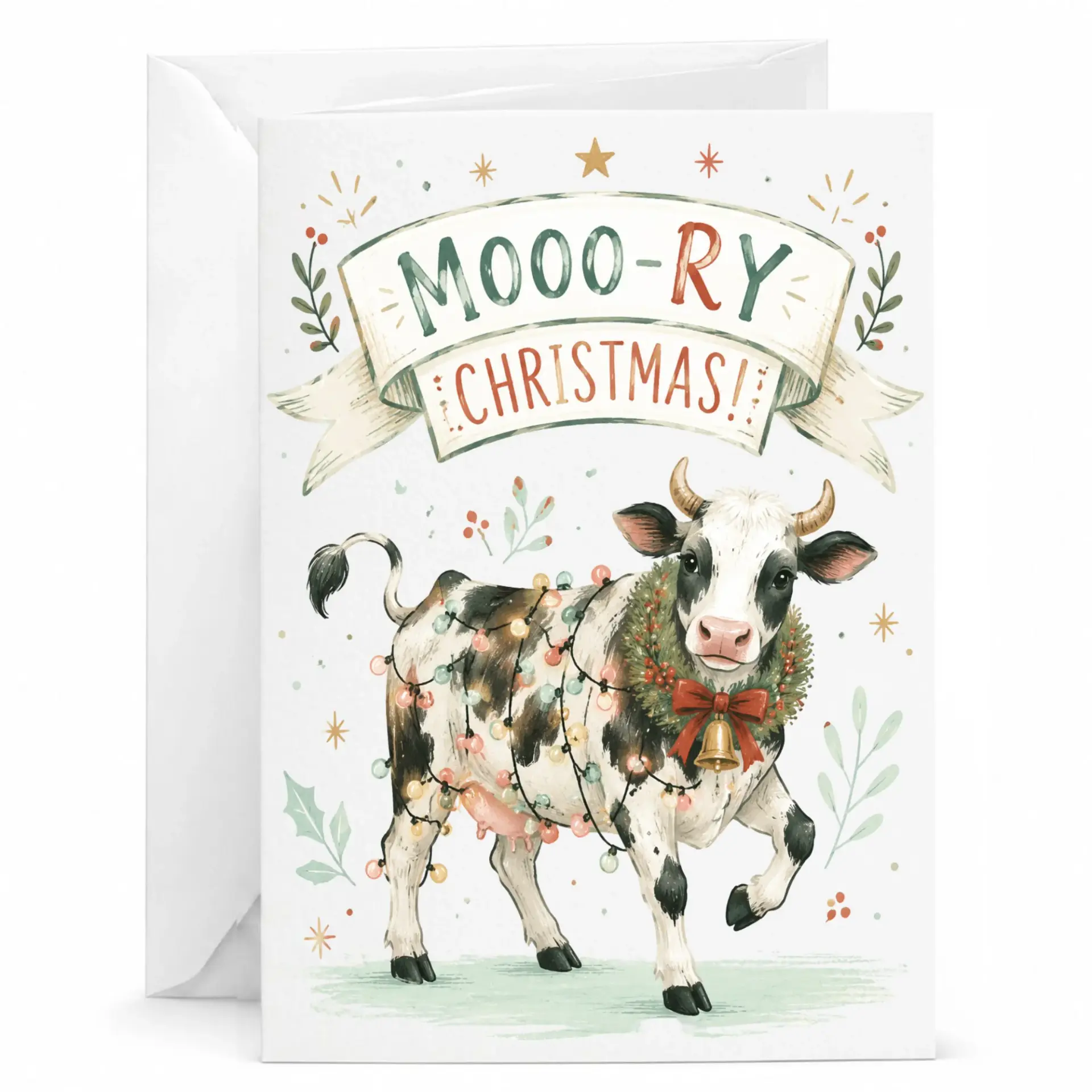 Funny Christmas Greeting Card with Cow Illustration, Seasonal Farm Animal Holiday Card, Merry Christmas Pun Card
