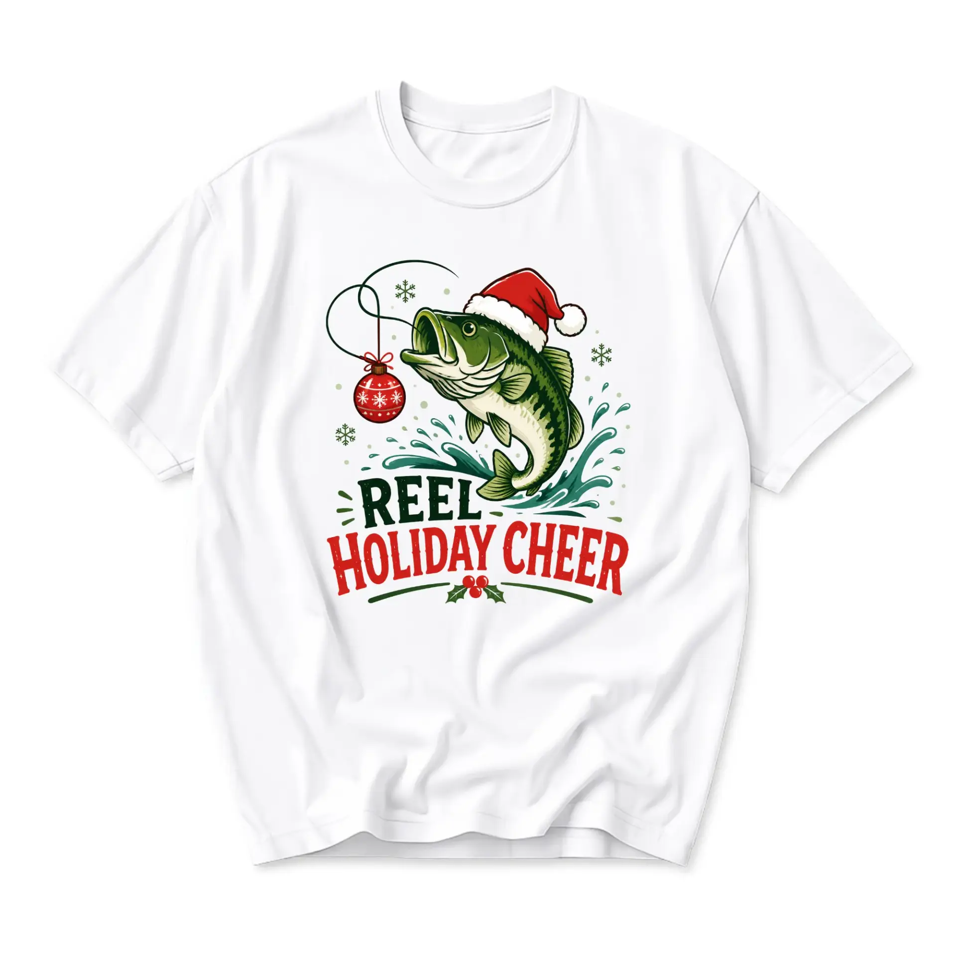 Graphic Tee Reel Holiday Cheer Fishing Christmas Shirt Unisex Crew Neck Short Sleeve Casual Cotton Blend Apparel