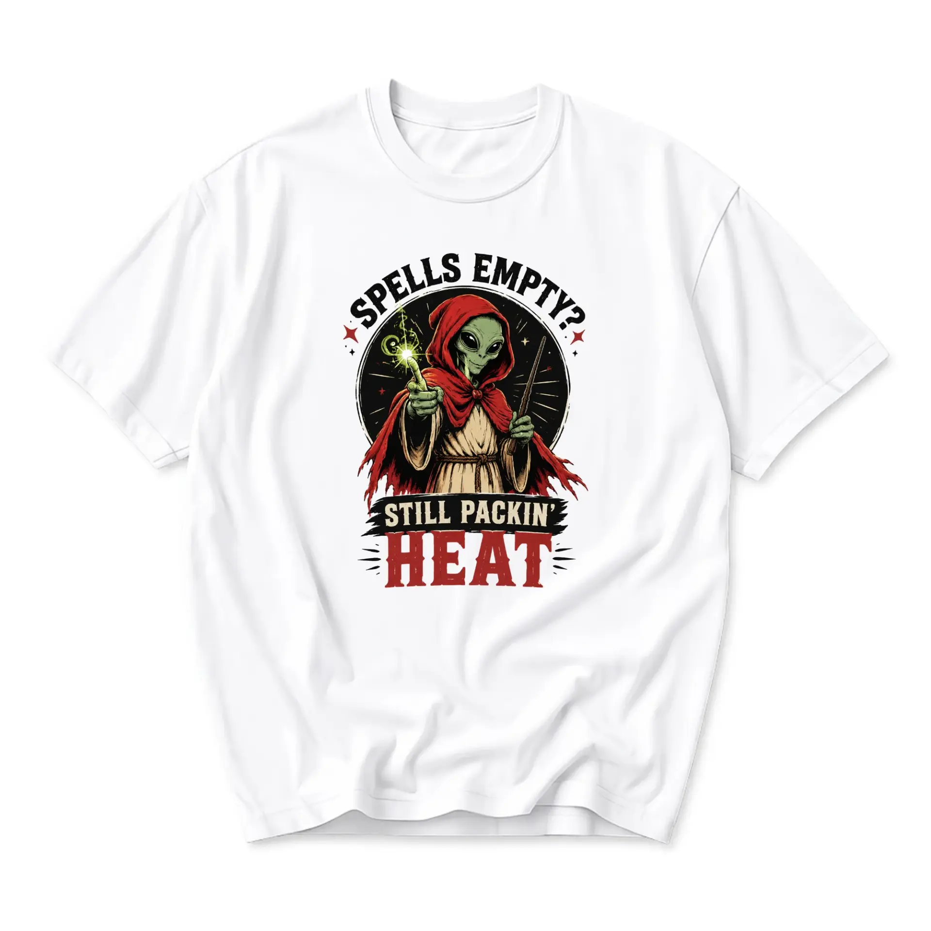 Funny Shirt Spells Empty Still Packin Heat Alien Wizard Graphic Tee Unisex Crew Neck Casual Cotton Blend Apparel
