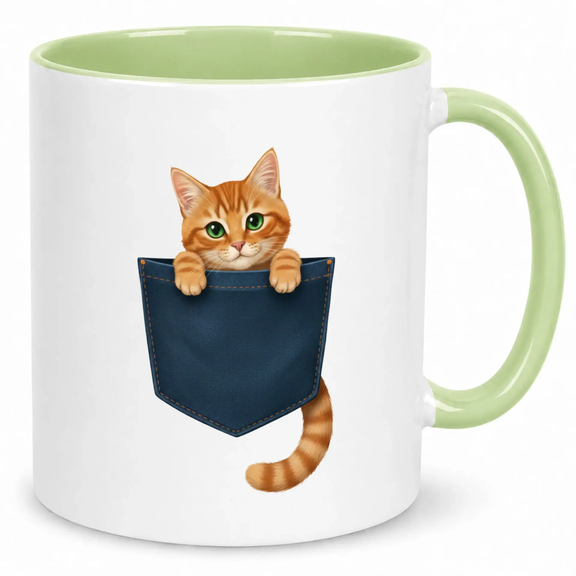 Cute Cat in Pocket Ceramic Coffee Mug 11oz or 15oz Premium Drinkware with Green Handle Microwave and Dishwasher Safe Perfect Gift