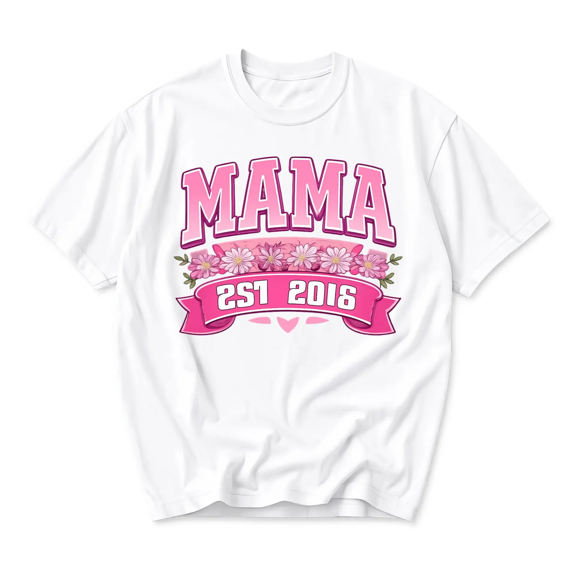 Graphic Tee Mama Est 2018 Floral Ribbon Design Unisex Crew Neck Shirt Comfortable Casual Everyday Cotton Top
