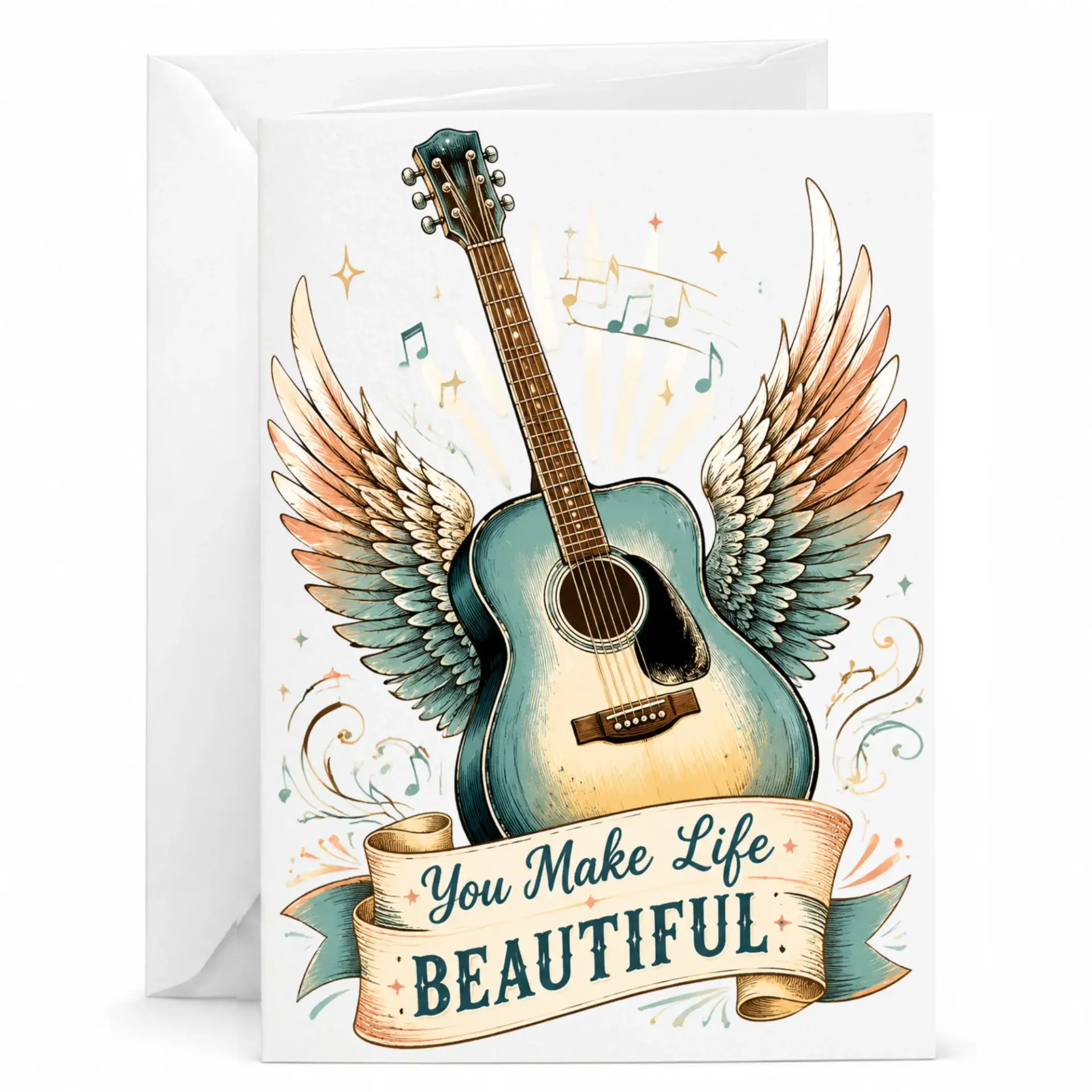 Greeting Card with Musical Acoustic Guitar Illustration Featuring Angel Wings and Inspirational Text Message