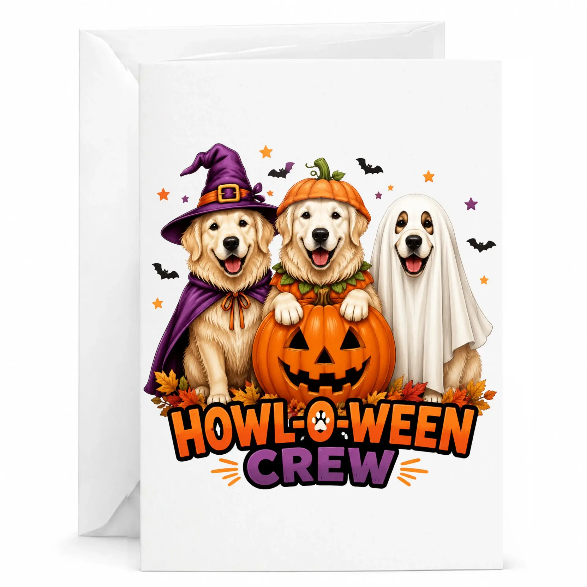 Funny Howl-O-Ween Crew Greeting Card Featuring Cute Retrievers in Halloween Costumes 5x7 Inch Folded