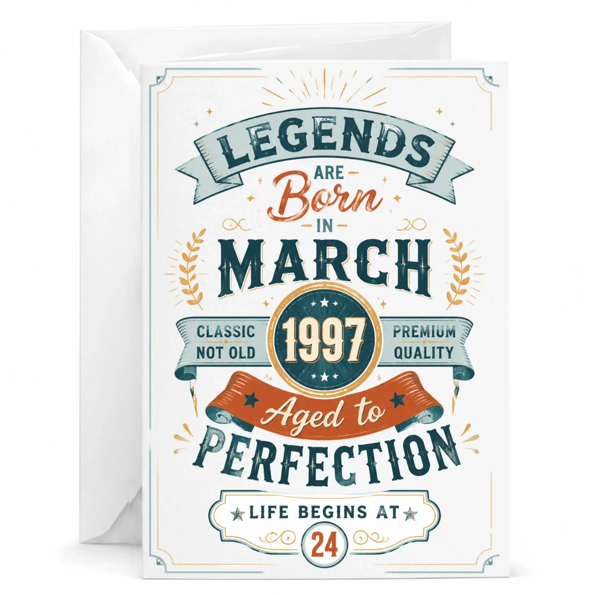 Birthday Card Legends Are Born in March 1997 Aged to Perfection Funny Retro Style Greeting Card for Milestone Birthday