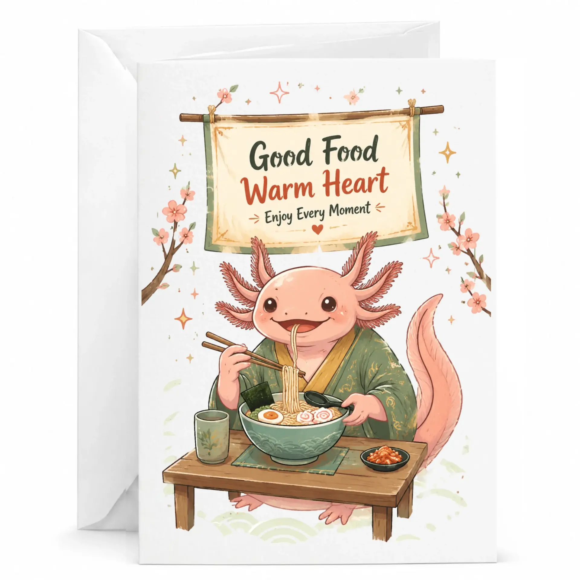 Funny Axolotl Greeting Card Good Food Warm Heart Cute Ramen Eating Illustration for Birthday Anniversary